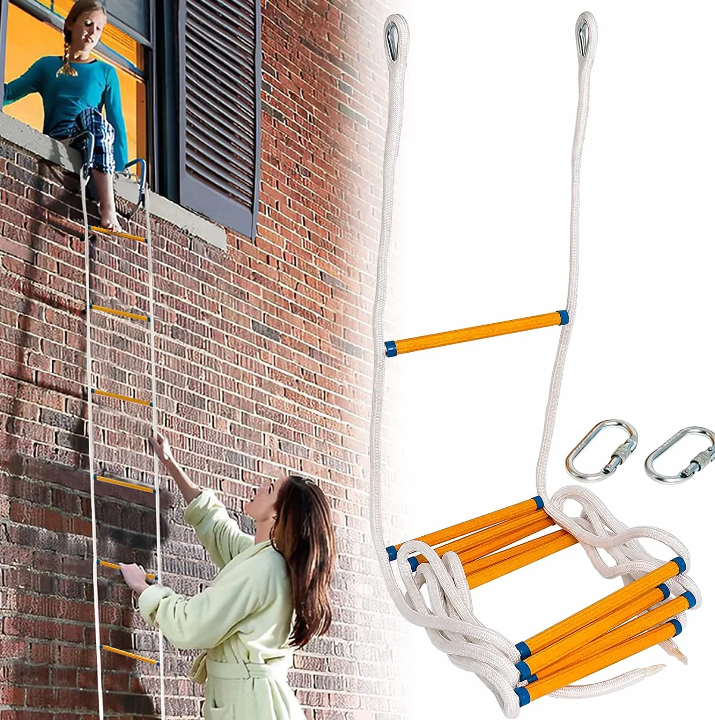 Escalera de Cuerda de Escape de Incendio 5.2m, Escalera de Escape de Emergencia con Mosquetón para 2 Pisos Casa, Casa del Árboles, Balcón y Barandilla, Capacidad de Peso de hasta 900kg Poweka