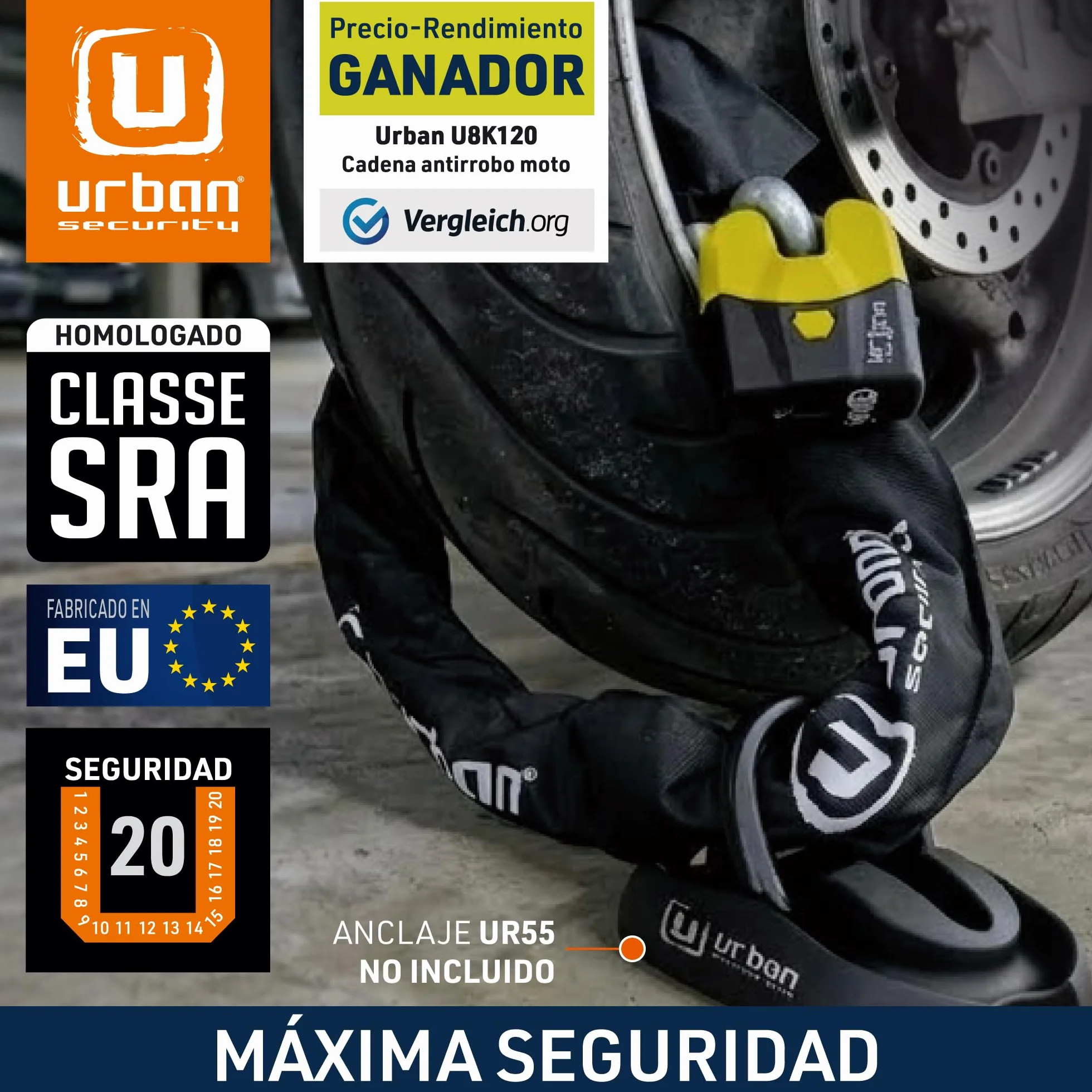 URBAN U8K100 Candado Moto Cadena Antirrobo, Homologación SRA Alta Seguridad, Acero Endurecido ø15, Doble Cierre, Cerradura Anti-Ganzua Anti-Taladro, 100cm para Anclaje Garaje Moto Bicicleta Eléctrica