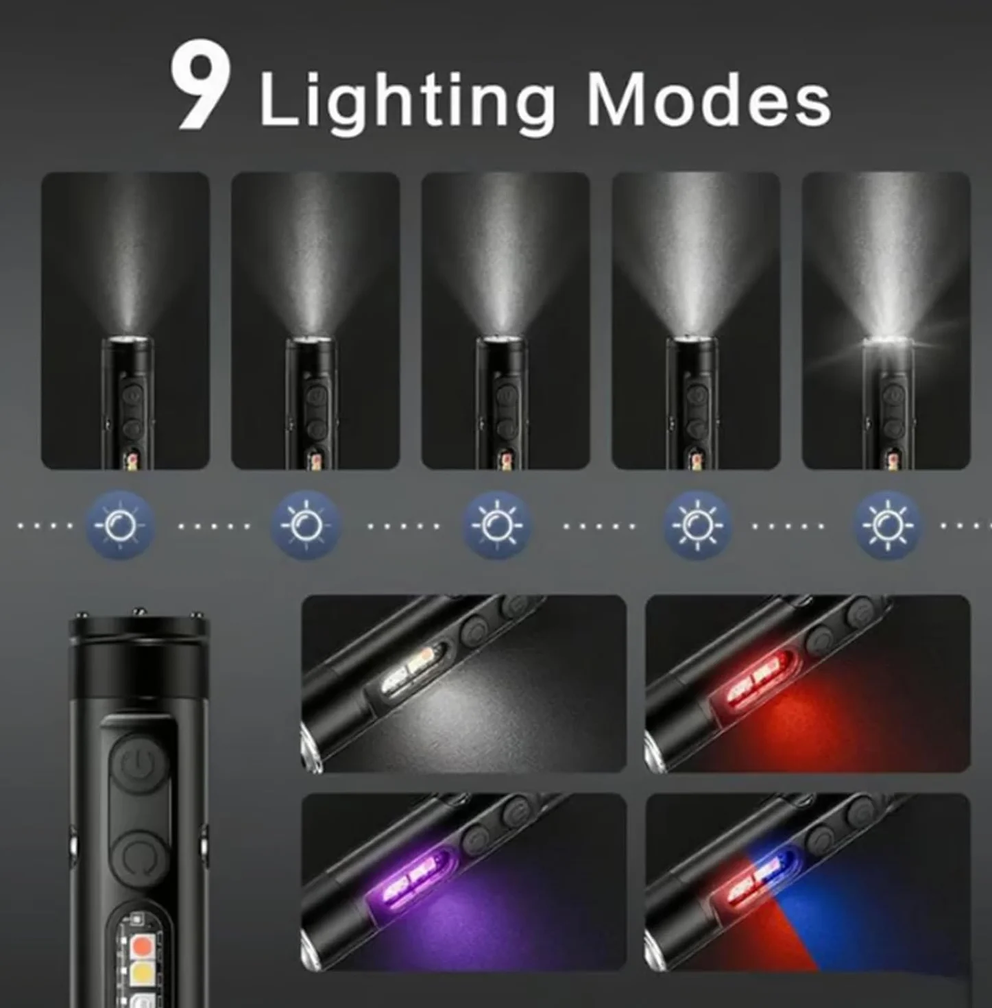 Pocket Rechargeable EDC Flashlight, 500 High Lumens Mini Keychain Light with Fire Starter & Window Breaker, 9 Lighting Modes, Compact LED Light for Camping, Hiking, Emergency (Black,Ignition type)