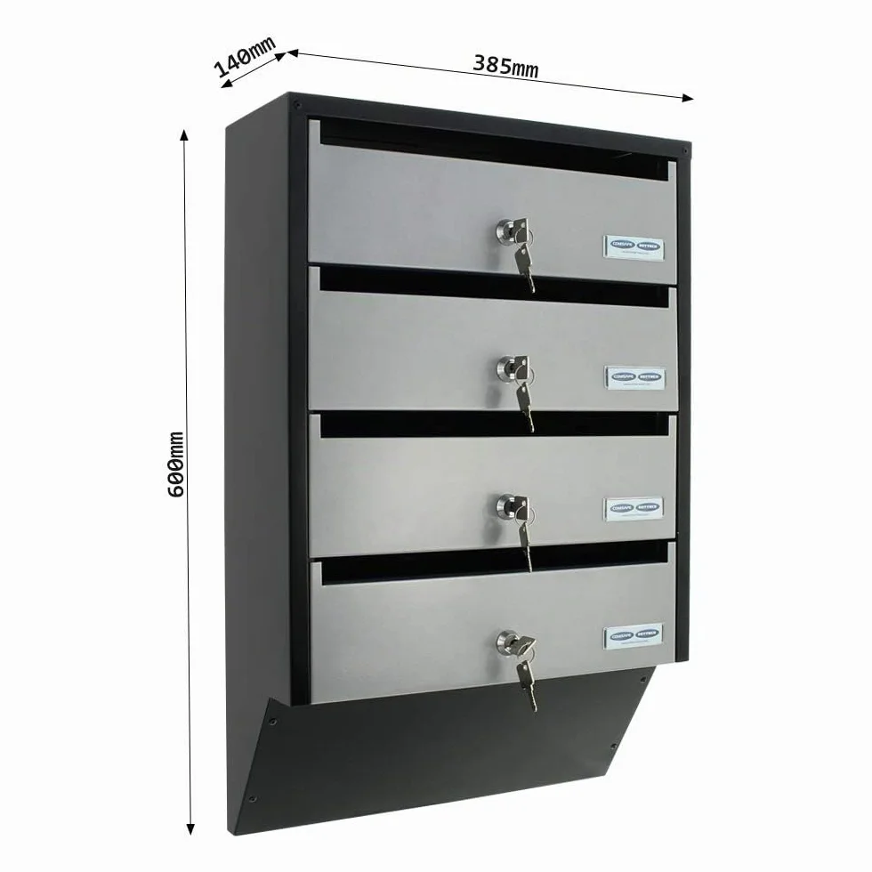 Rottner Depot - Sistema de 4 buzones de acero plateado y negro, cerradura de cilindro, 2 llaves cada una