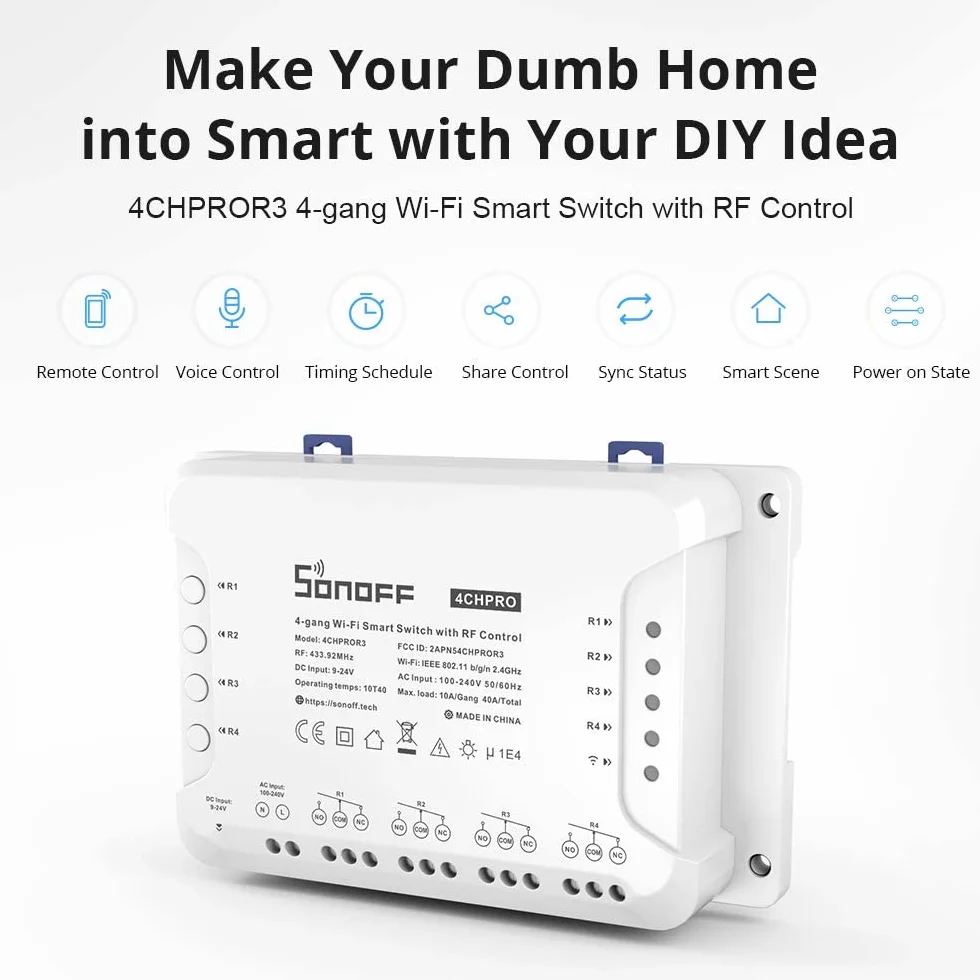 Interruptor conectado WiFi y 433 Mhz de 4 canales - Sonoff
