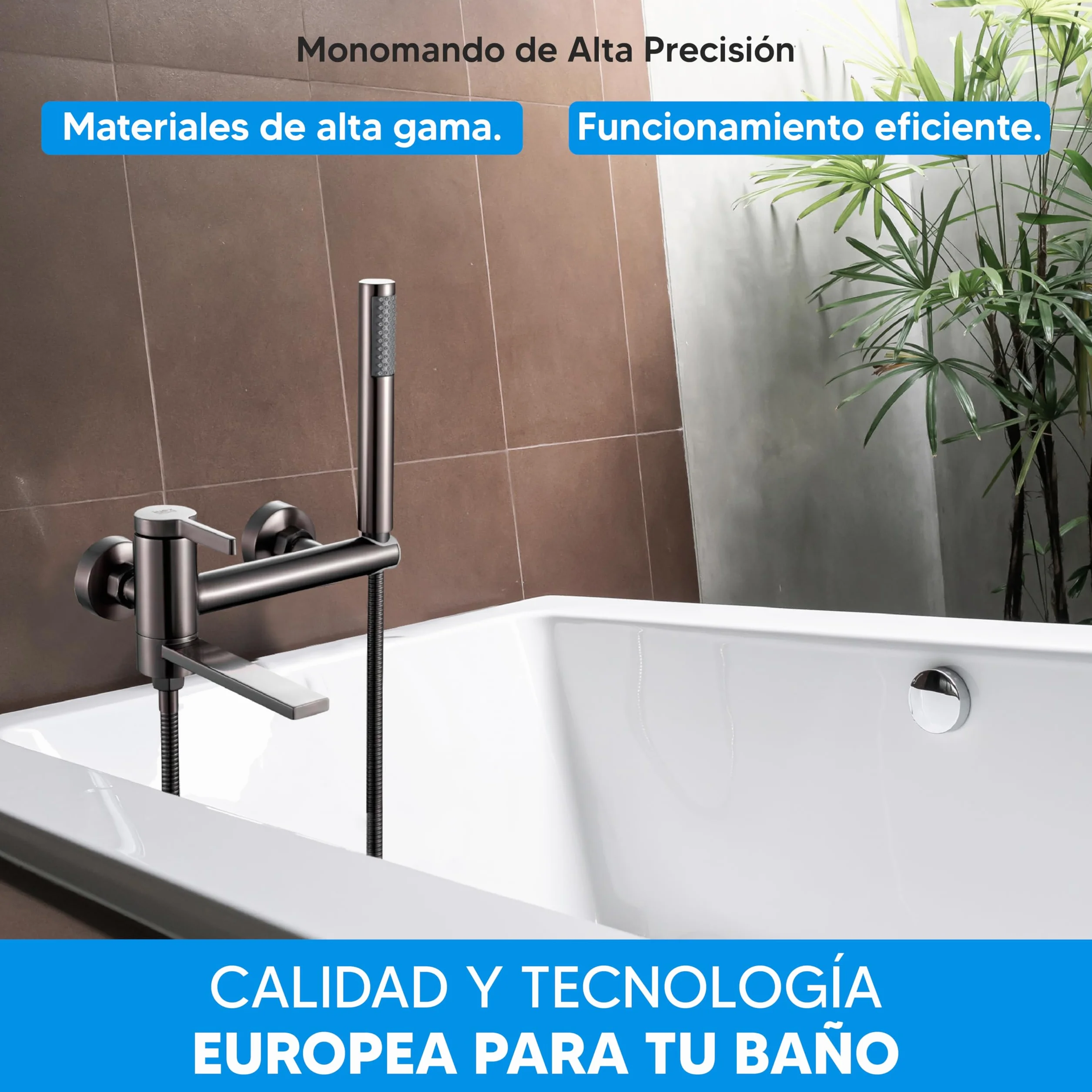 INEX EUROPA Grifo Bañera Ducha Acero Inoxidable Monomando Alta Presión Manguera 175cm Gris