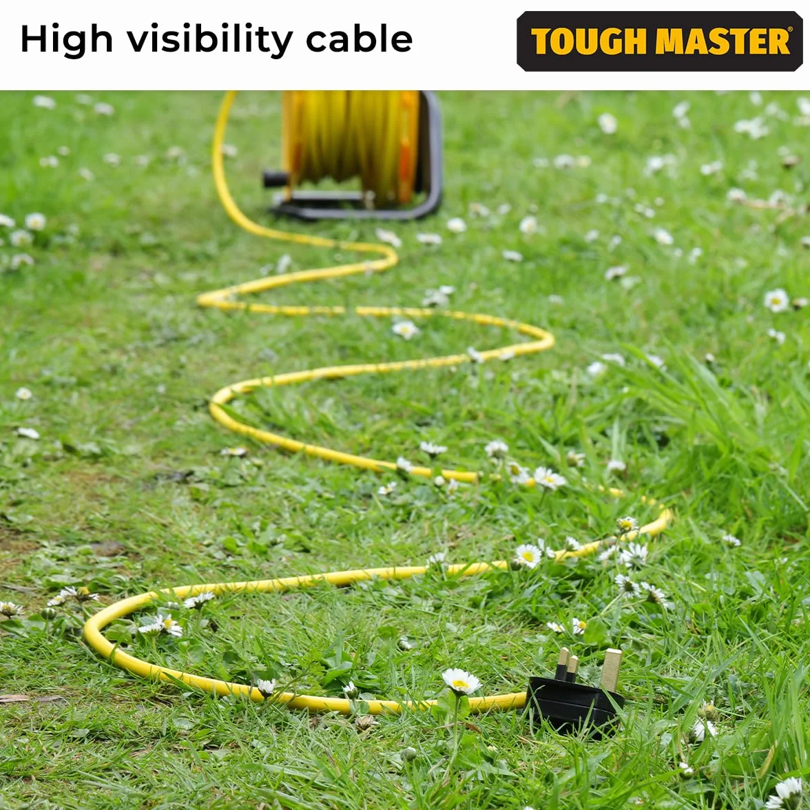 Tough Master Carrete de Cable de 4 enchufes de 30 m, Carrete de Cable de extensión Resistente de 13 A con Corte térmico para jardín, césped, hogar y Oficina