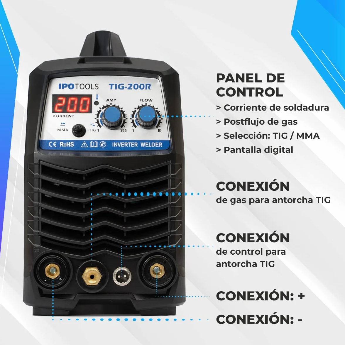 IPOTOOLS TIG-200R WIG - Máquina de soldar DC - TIG WIG 200 Amplificadores Inverter Digital Inverter Máquina de Soldar, Inversor con Pantalla Digital, Encendido RF, MMA, IGBT, 7 años de garantía