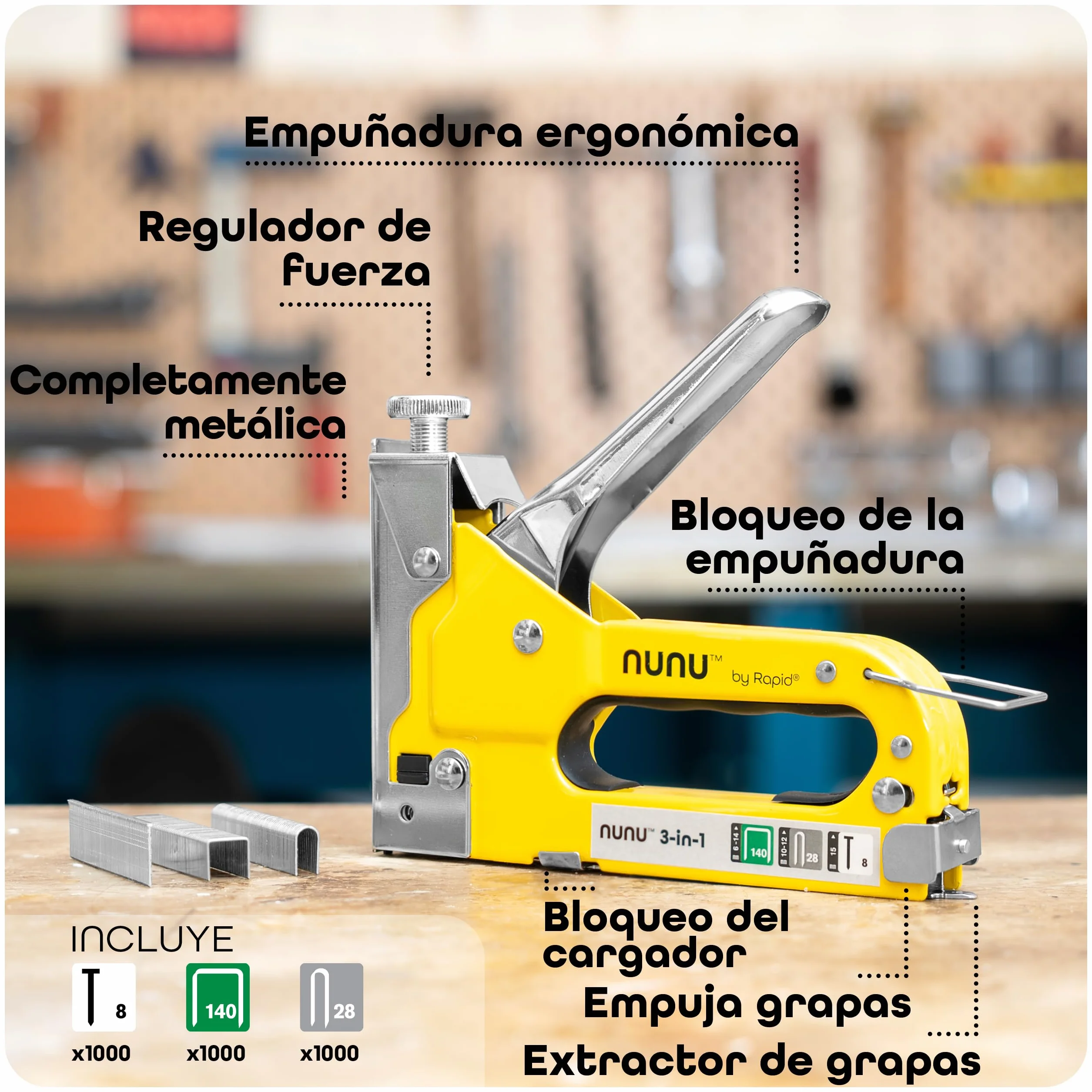 Rapid NUNU Grapadora Manual 3 en 1 para Madera con 3.000 Grapas y clavos. Grapadora Profesional para Tapicería, Paredes, Moquetas y Fijación de Cables, Potencia Ajustable, Diseño Ergonómico