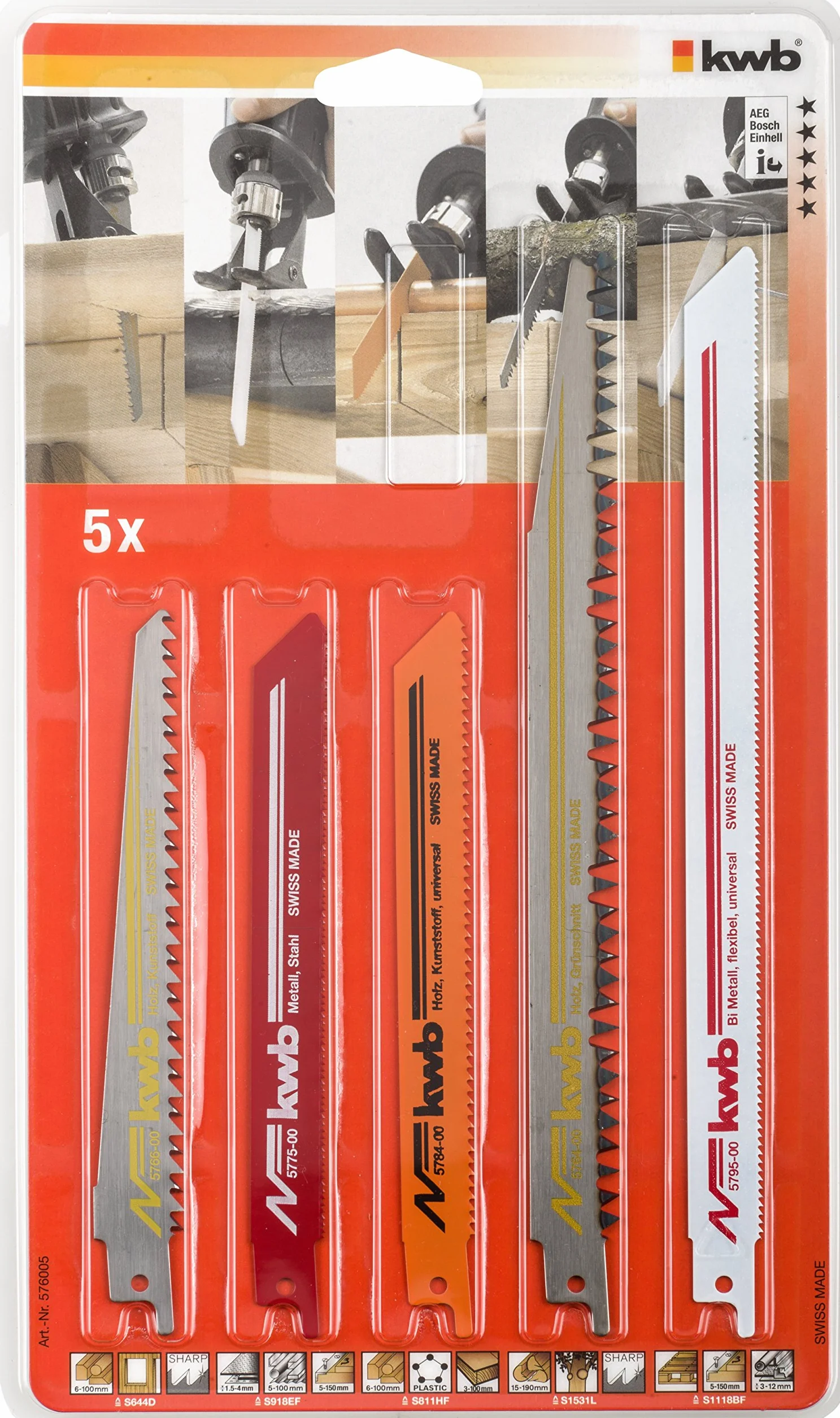 kwb Juego de 5 hojas de sierra sable para madera y metal