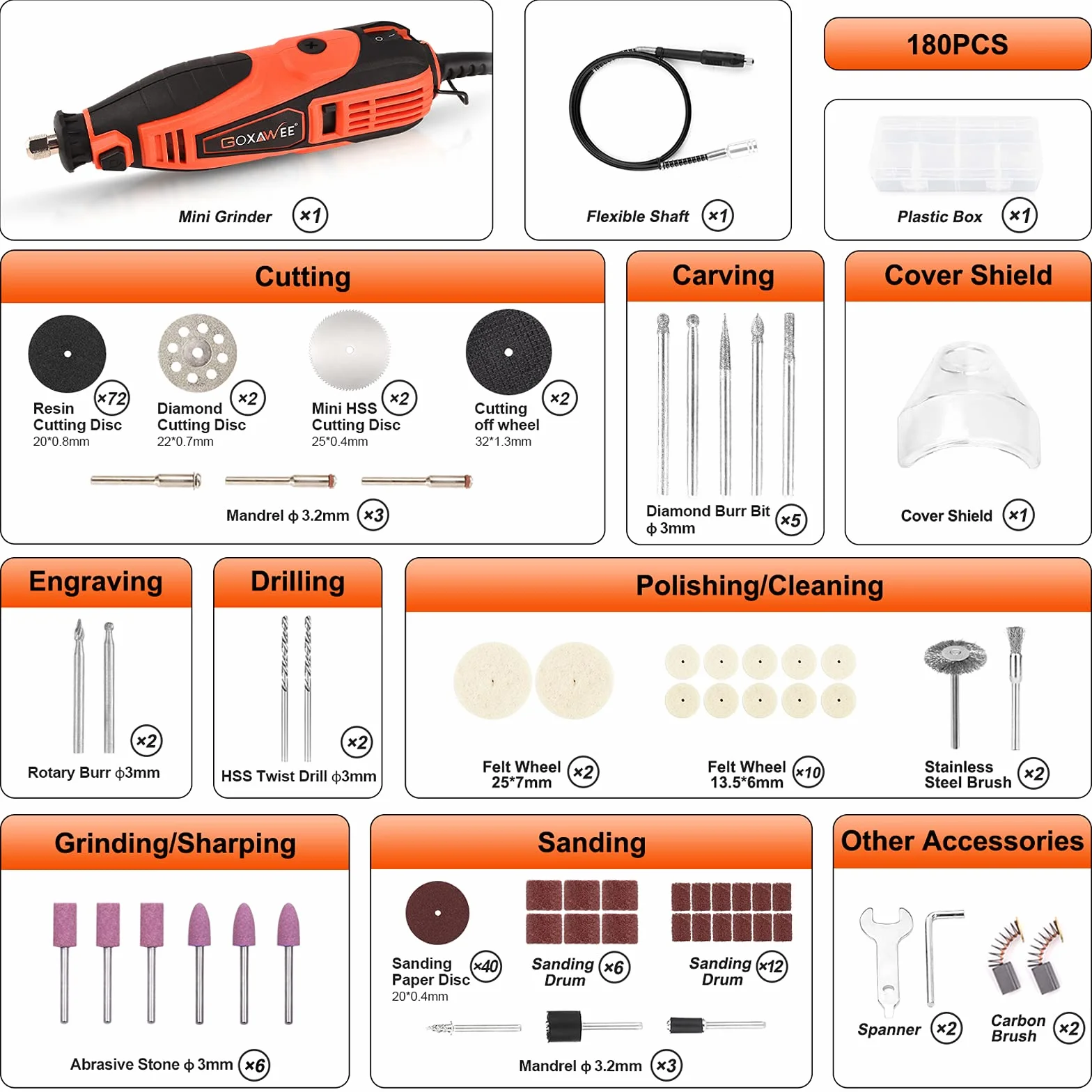 GOXAWEE Herramienta Rotativa de 135 W, Kit de Multiherramienta con 181pcs Accesorios, 8000-35000 RPM Ajuste de Velocidad, Mini Amoladora Eléctrica para Grabar, Cortar, Pulir, Proyectos de Artesanía