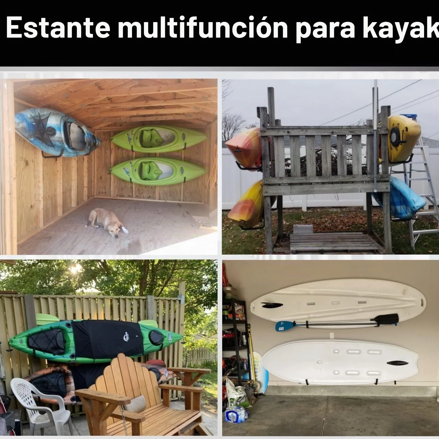 Gancho de almacenamiento de garaje, estante de almacenamiento de kayak de acero resistente de 39 cm, paquete de 4 perchas de garaje de montaje en pared para escalera, canoa, tabla de surf