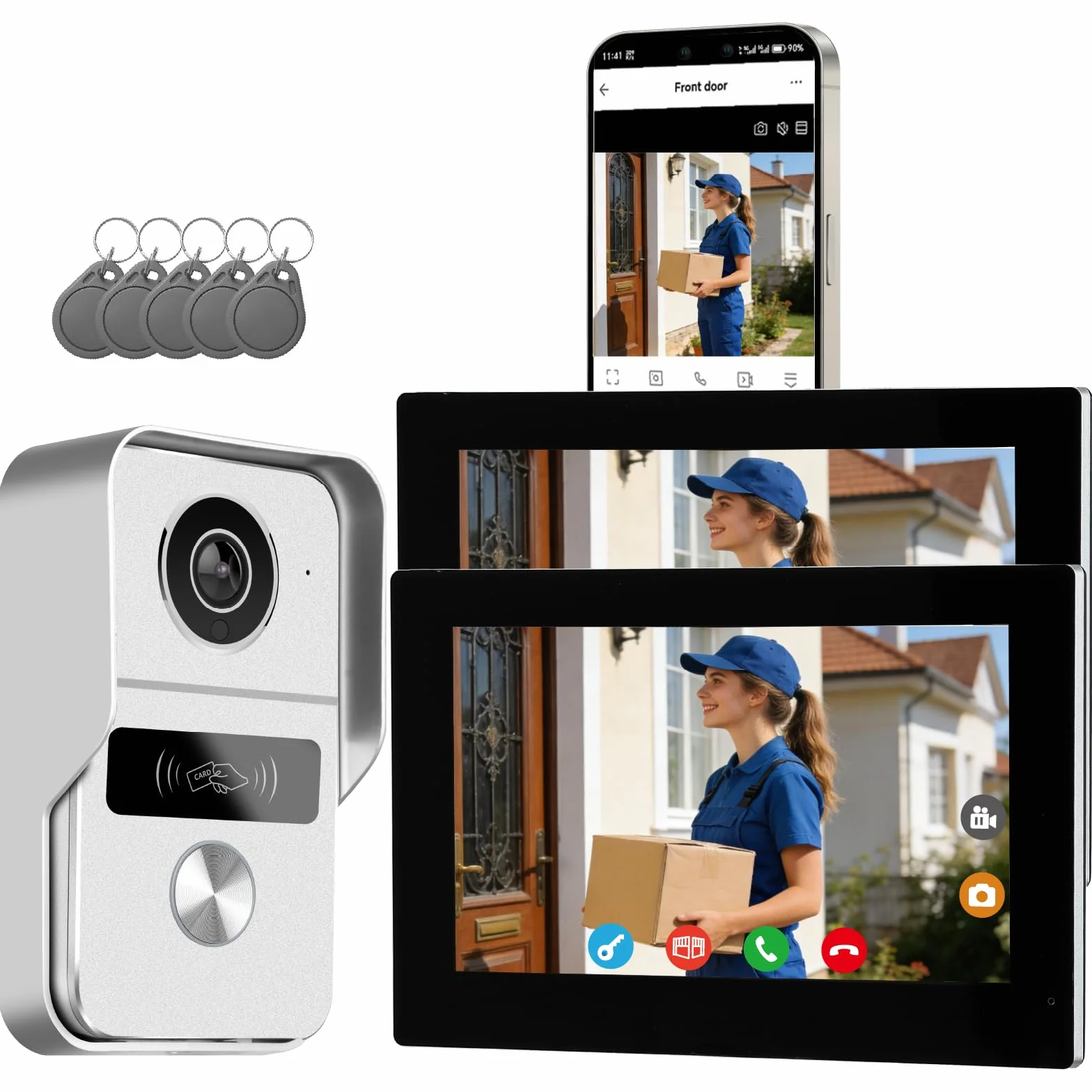 Videoportero Smartphone 2 Hilos, Timbre Video Mirilla y 7'' Pantalla Táctil, Visión Nocturna, Desbloqueo Remoto, Audio Bidireccionall para Chalet,casa, 2,4/5GHz, 1 cámara y 2 monitores