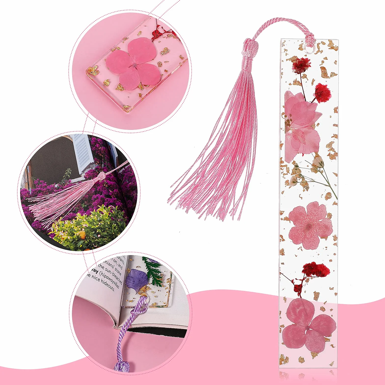 Marcapáginas de flores secas de resina 2 piezas transparentes prensadas hechas a mano con borla