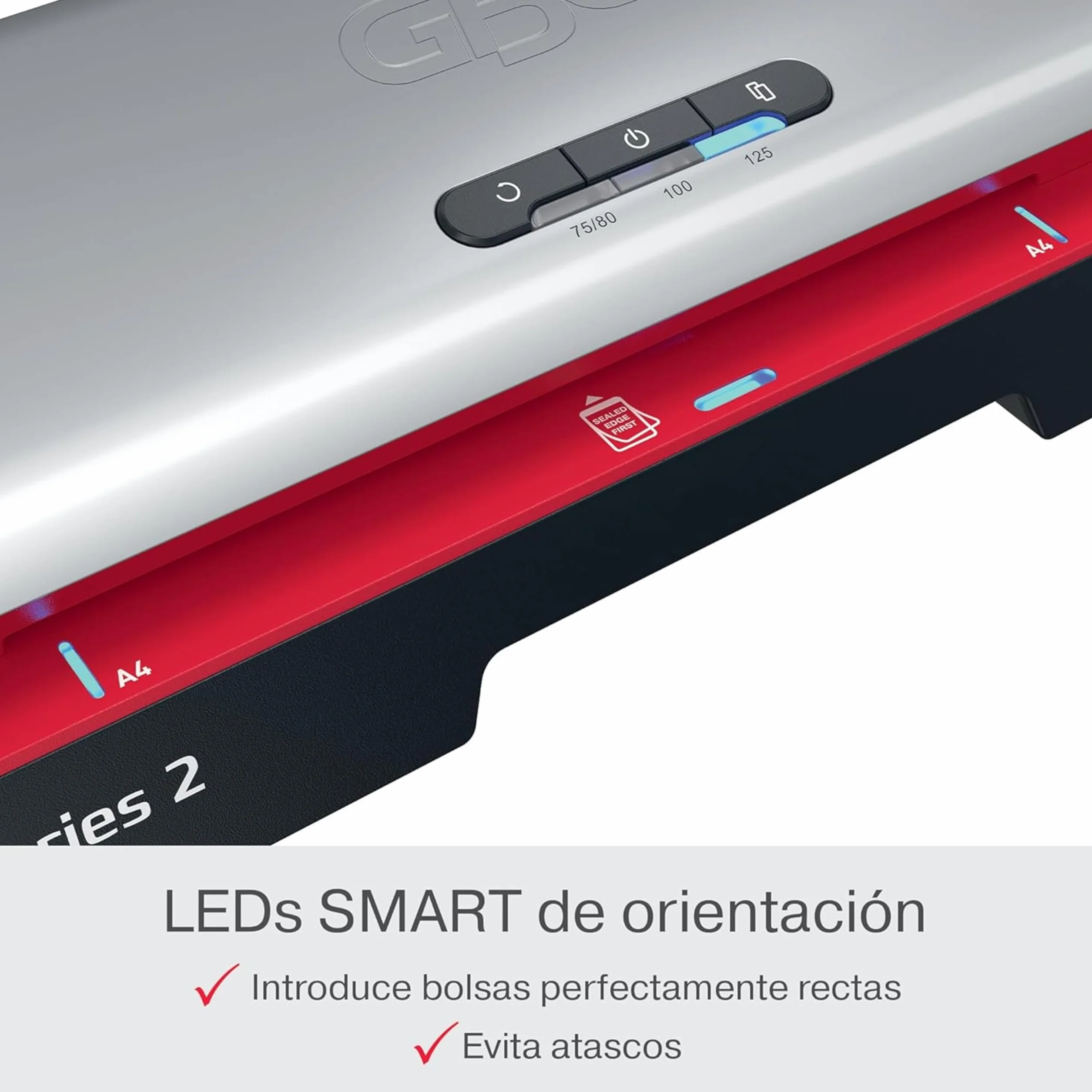 GBC 4410070EU - Plastificadora 250 Office A4, Calentamiento Rápido 1 Minuto, 75-125 Micras, LED de Guía de Entrada, Antiatascos, Apagado Automático, Incluye 5 Fundas de Plastificación A4, Negro/Rojo