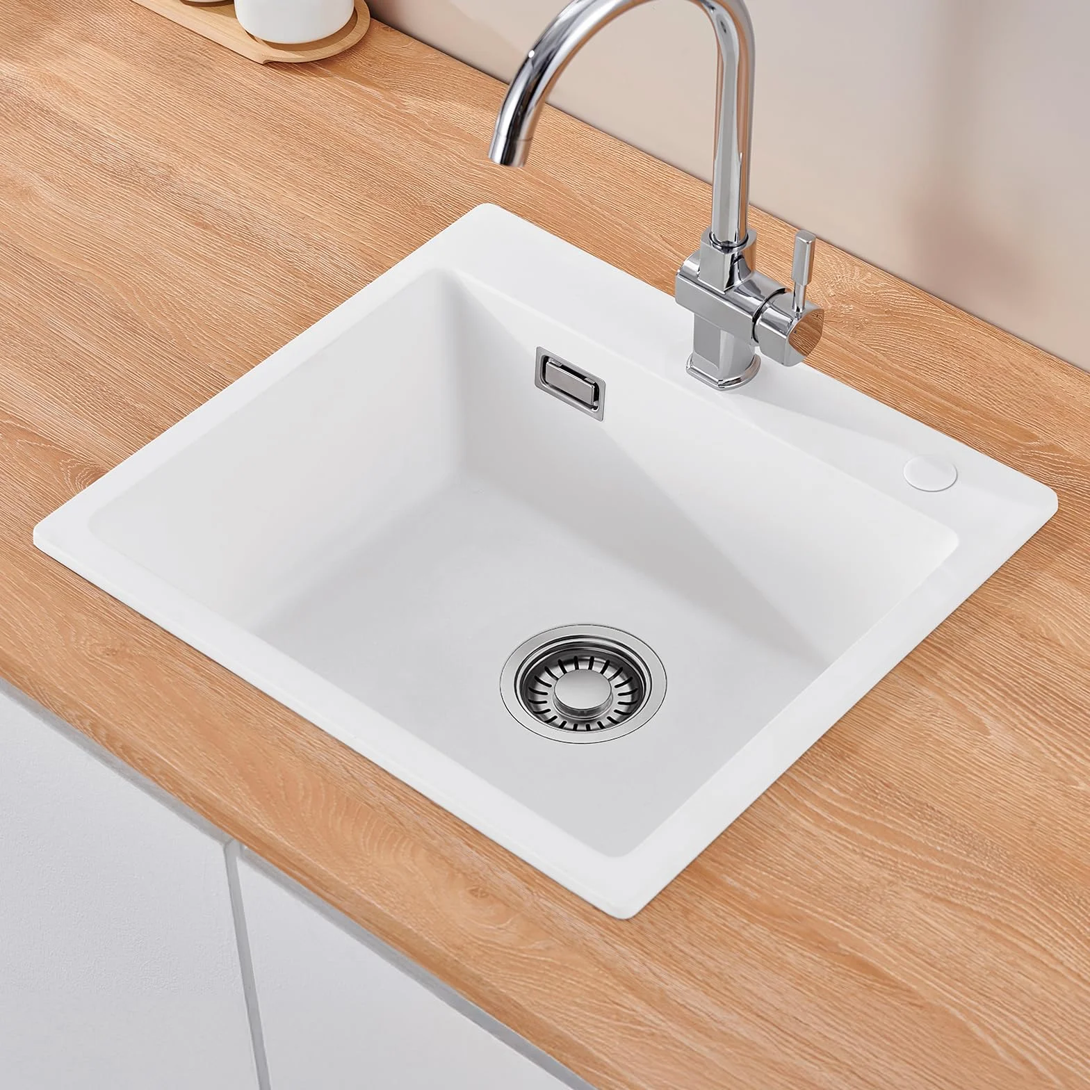 CECIPA Fregadero de cocina de 50 x 45 cm, 80% arena de cuarzo de granito, 1 lavabo empotrable, incluye sifón y sobre