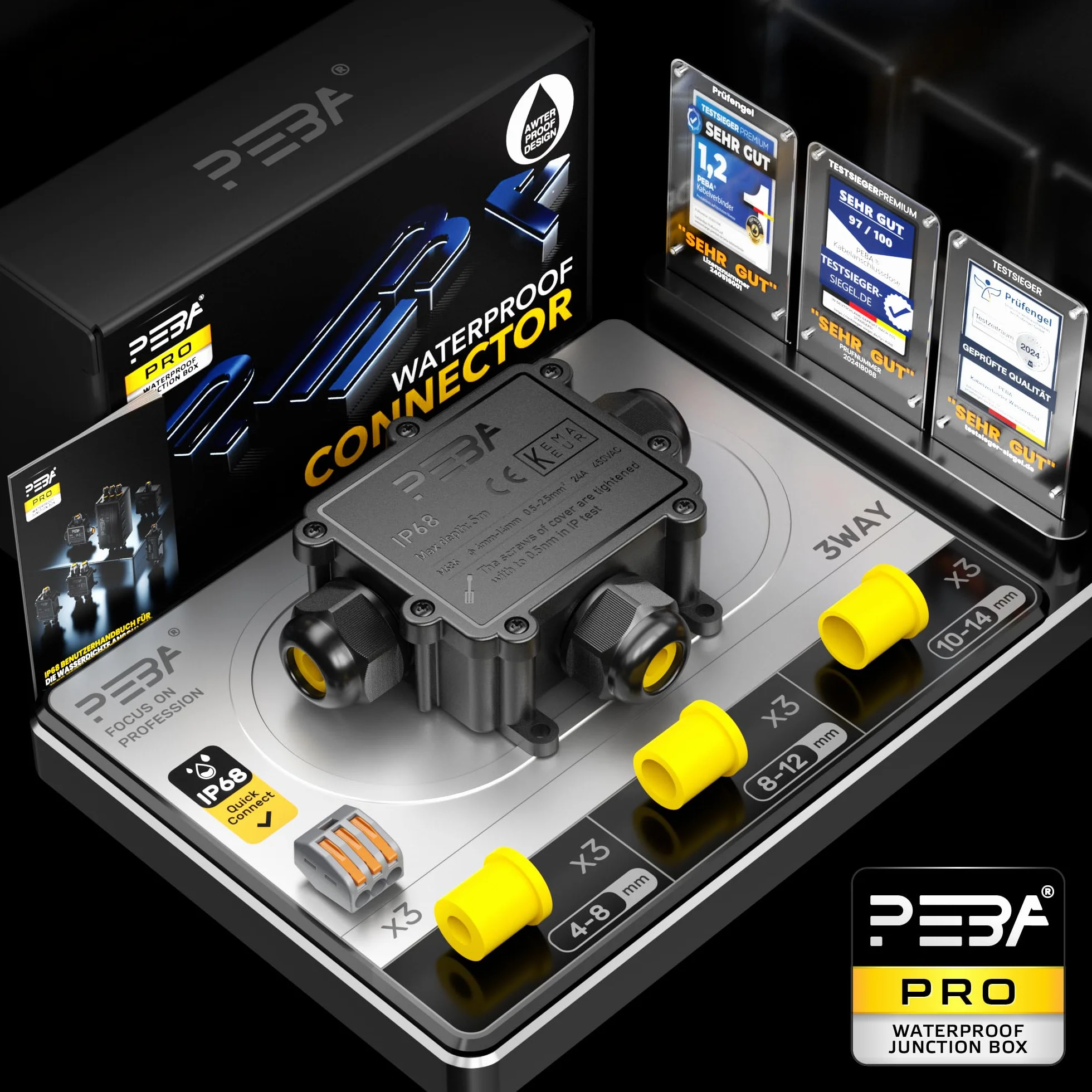 PEBA Cajas de Conexiones Impermeable IP68, 3 Vías Cajas de Empalmes Conector de Cables, Jardín Interior Exterior Subterráneo Cajas Conexiones, Diámetro de 4-14 mm