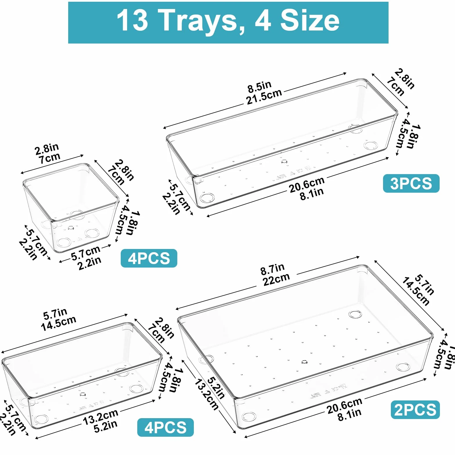Organizadores de Cajones de Plástico Transparente Radikor 13 Piezas para Maquillaje Baño Cocina