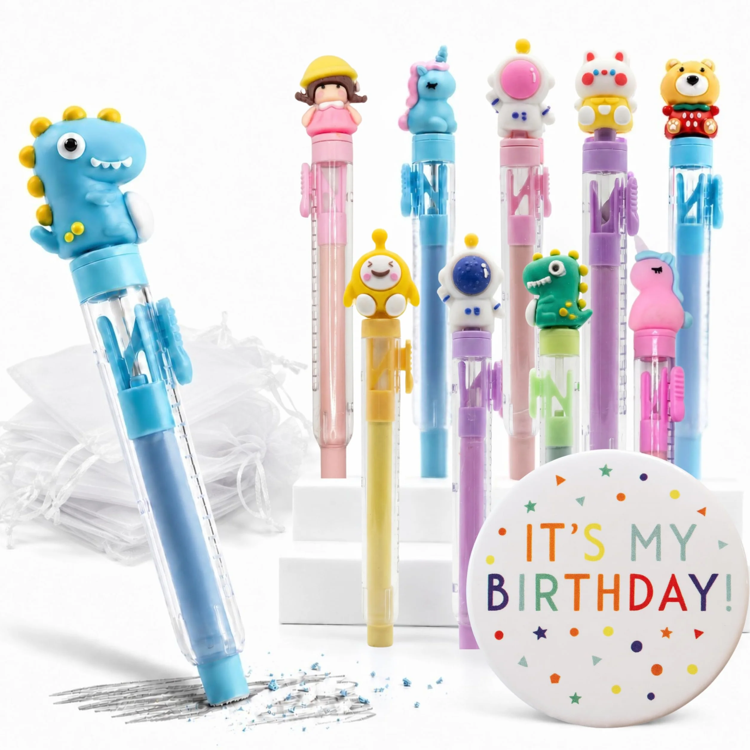 KeKo Pack 30 Gomas de Borrar Divertidas, Bolsas, Chapa Cumpleañera, Regalos Cumpleaños Niños Colegio