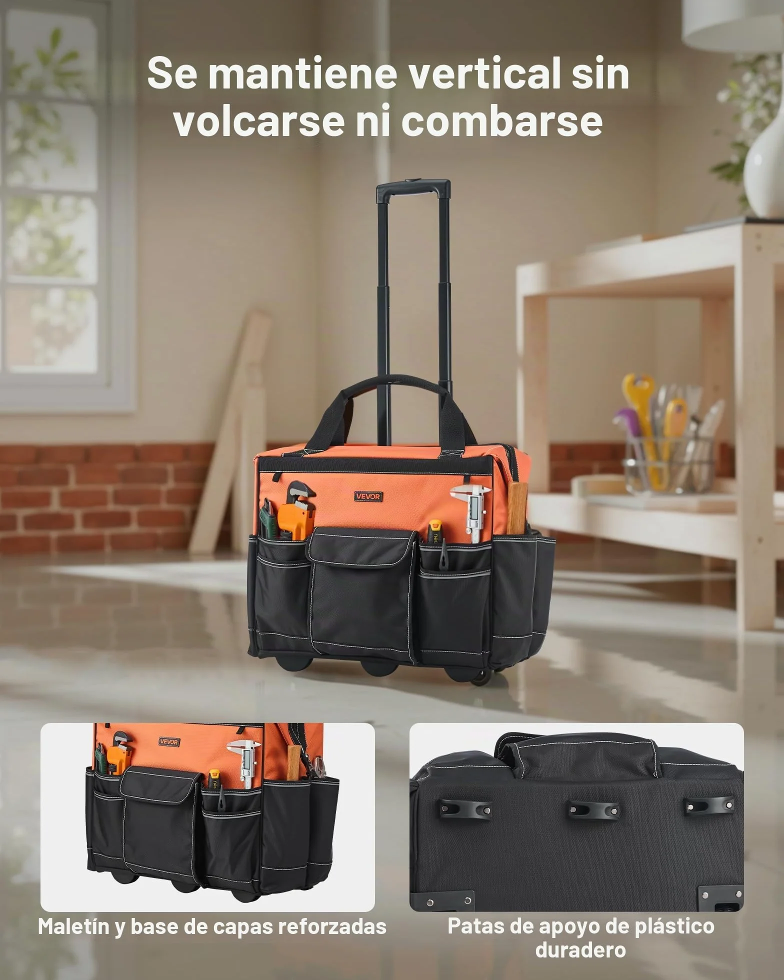 VEVOR Mochila con Ruedas de 510 x 310 x 450 mm Capacidad de Carga de 50 kg, Mochila de Herramientas Resistente con 27 Bolsillos, Asa Telescópica Ajustable y Base Estable para Construcción y Mecánico