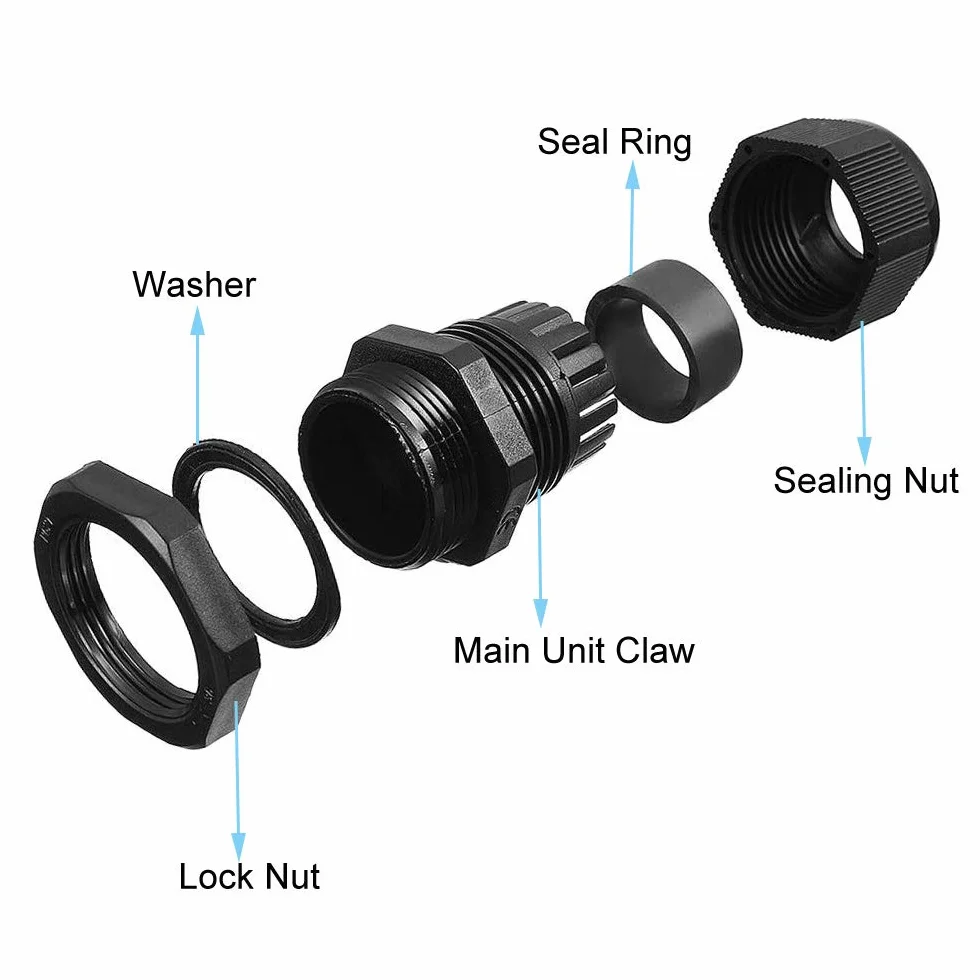 Prensaestopa PG9 30Pcs Nylon Cable Gland IP68 Impermeable 4-8mm Ajustable Negro