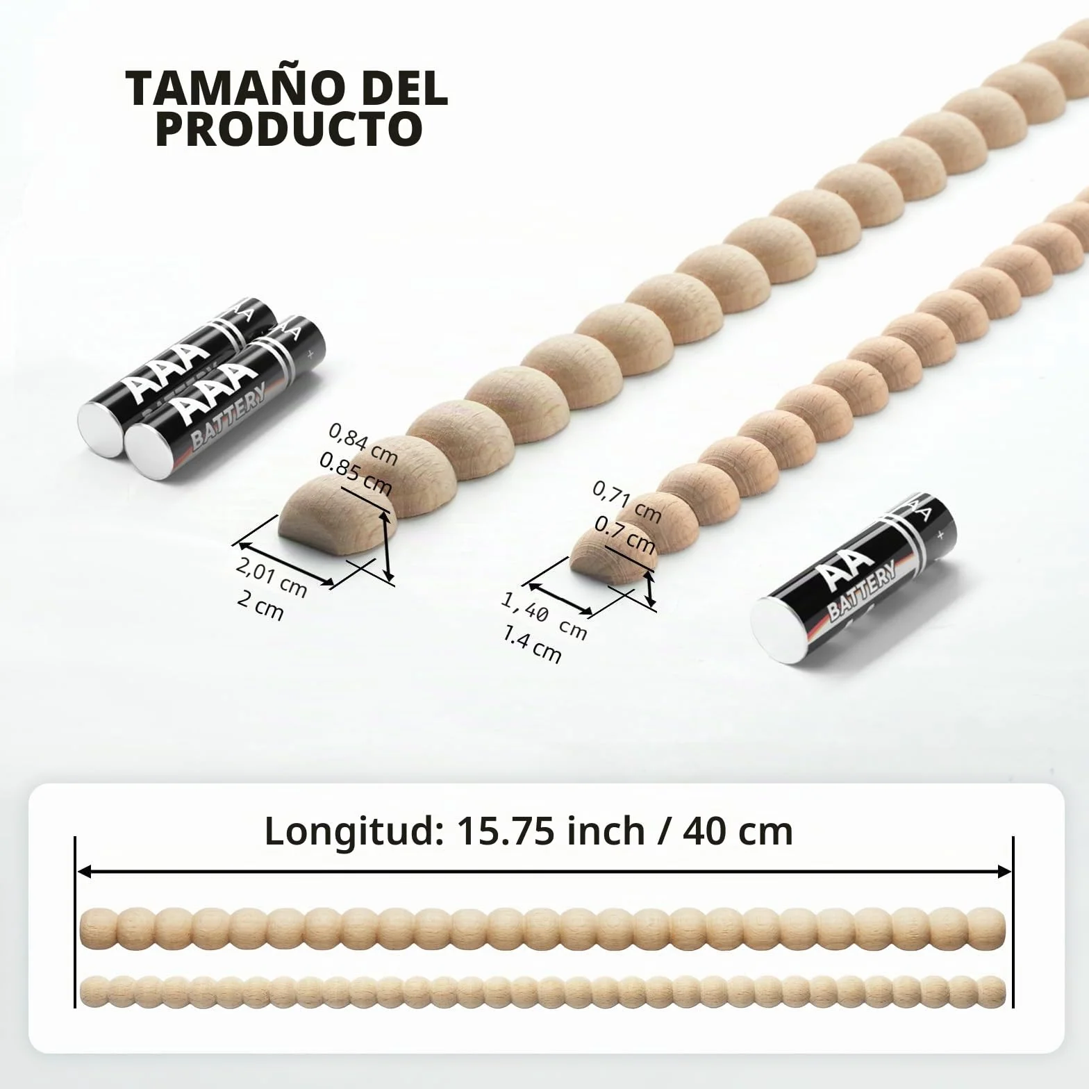 Molduras de Madera con Perlas, Madera de Haya sin Tratar, 40x1.4x0.7 cm, Listones Decorativos para DIY