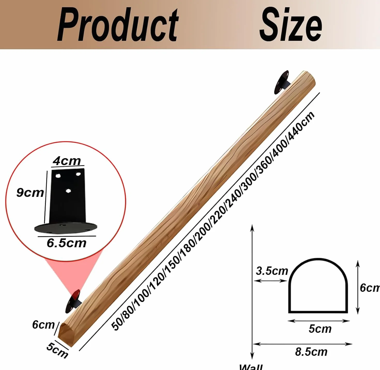 Pasamanos De Escalera De Madera De 50-600 Cm, Apoyabrazos De Seguridad Para Personas Mayores Montados En La Pared, Parapeto Para Pasillos, Barandillas Para Terrazas De Lofts (C, 50cm)