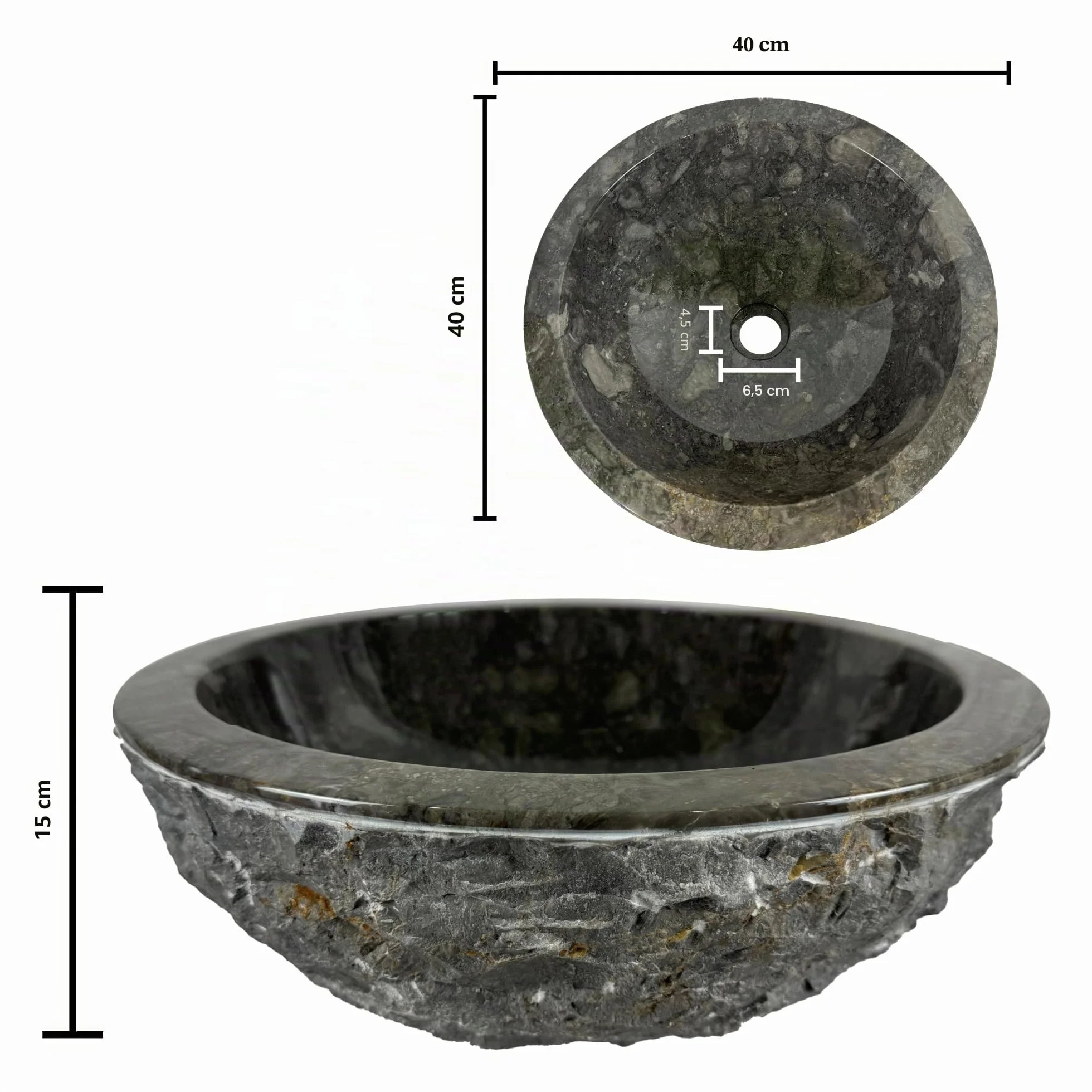 Lavabo Redondo 40x40x15 cm - Cuenca de Mármol - Piedra Natural - Fregadero para baño - Pulido y sólido (Gris)