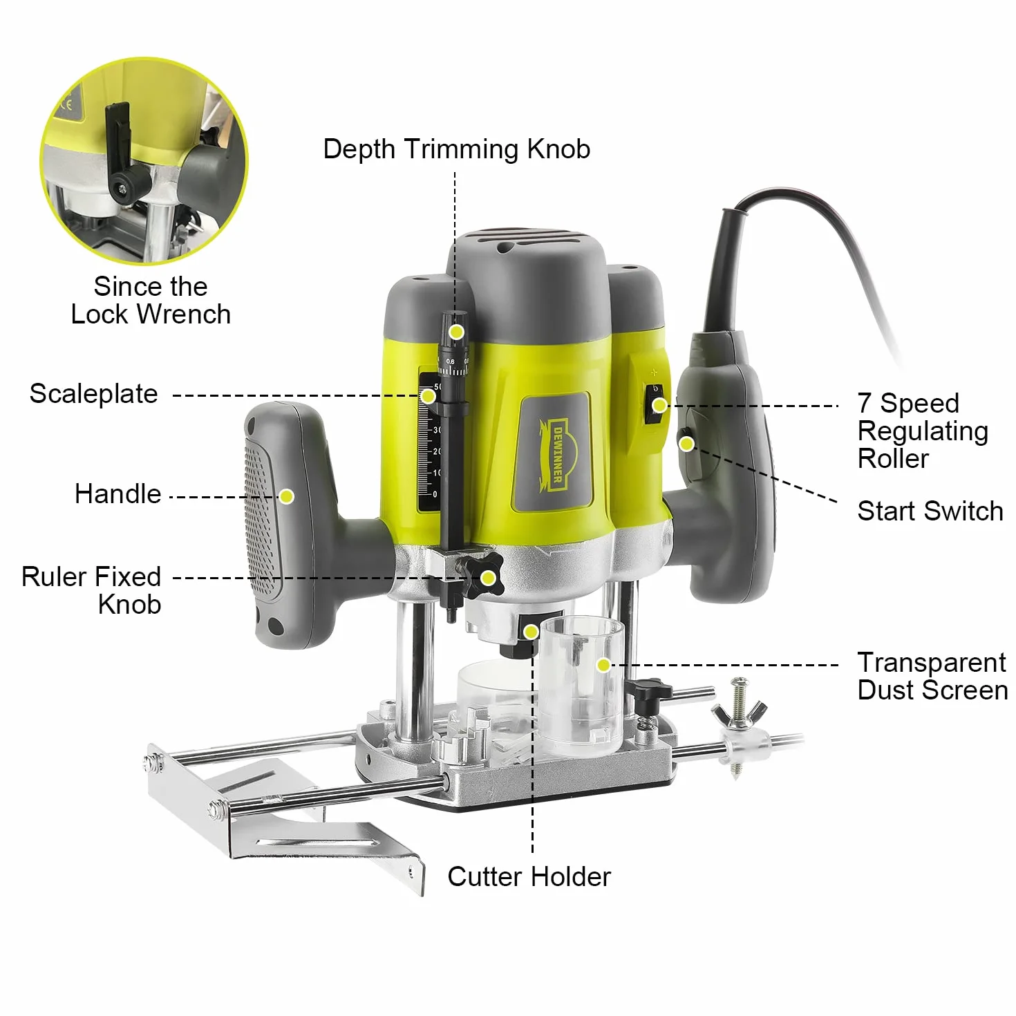 DEWINNER Fresadora eléctrica para madera,Carpinteros herramienta Fresadora 1200 W,16000-30000 RPM,12 accesorios de fresadoray y estuche de transporte
