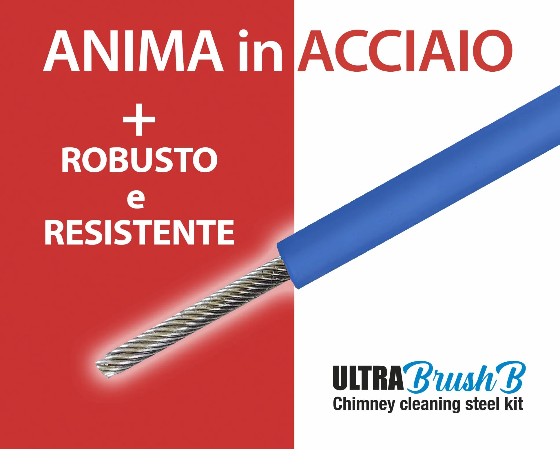 ULTRABRUSH B | Kit limpieza chimenea estufa de pellet. 2 escobillas deshollinador flexible. Compatible con todo tipo de chimeneas. Alambre de acero revestido ultra robusto y deslizante. (6 metros)