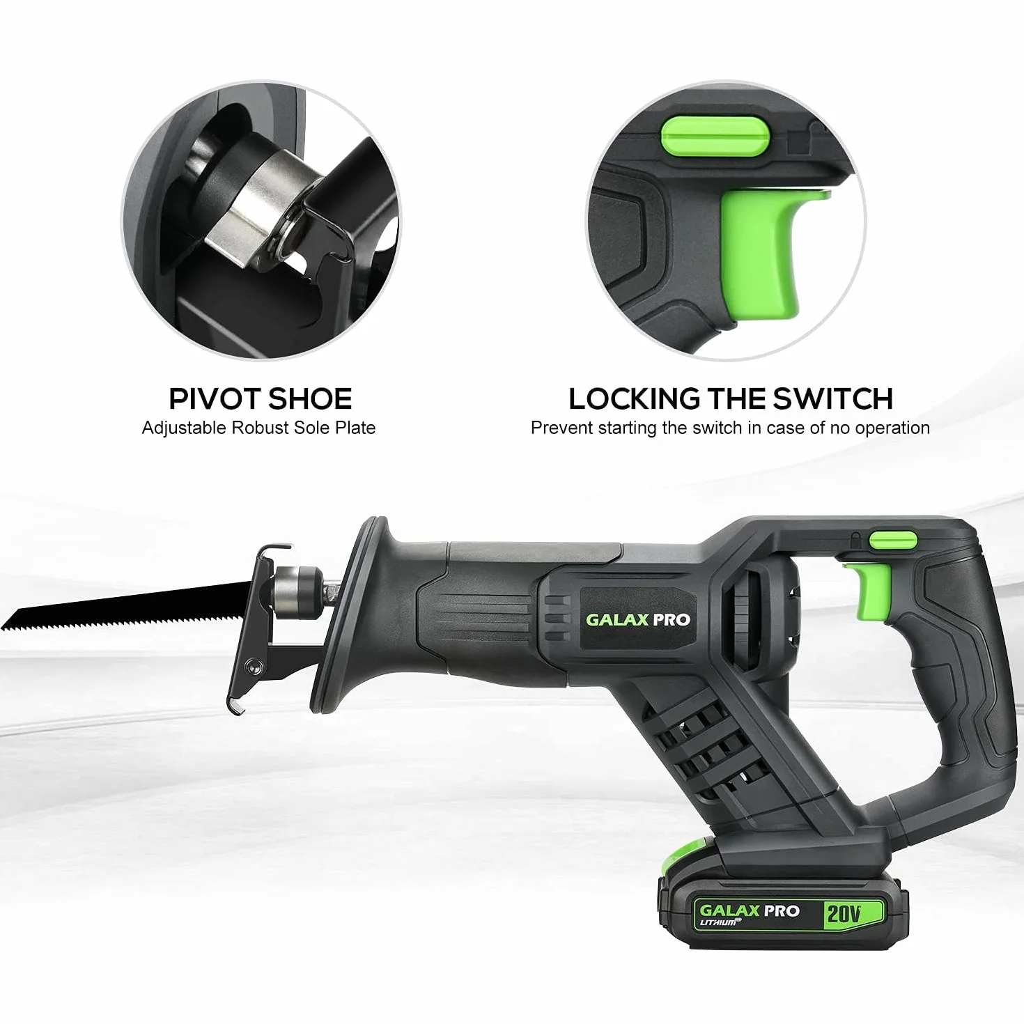 GALAX PRO Sierras alternativas, sierra de pilas,3000 SPM sierra alternativa con batería, profundidad de corte máxima de 150 mm, incluida batería 20 V DC 2.0 Ah, hoja