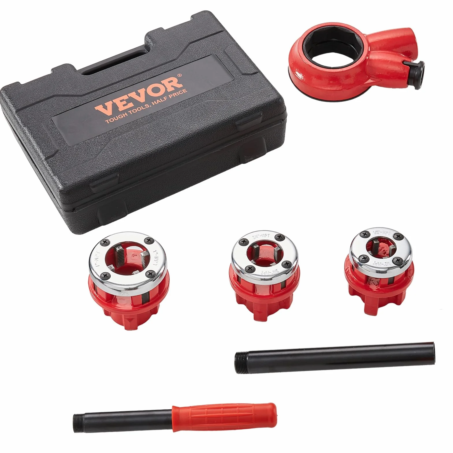 VEVOR Kit de Roscado de Tuberías con Trinquete 1/2", 3/4", 1" NPT Juego de Matrices de Fontanero Portátil 3 Matrices NPT Estuche de Almacenamiento para Tubos de Aluminio Galvanizado Hierro Cobre