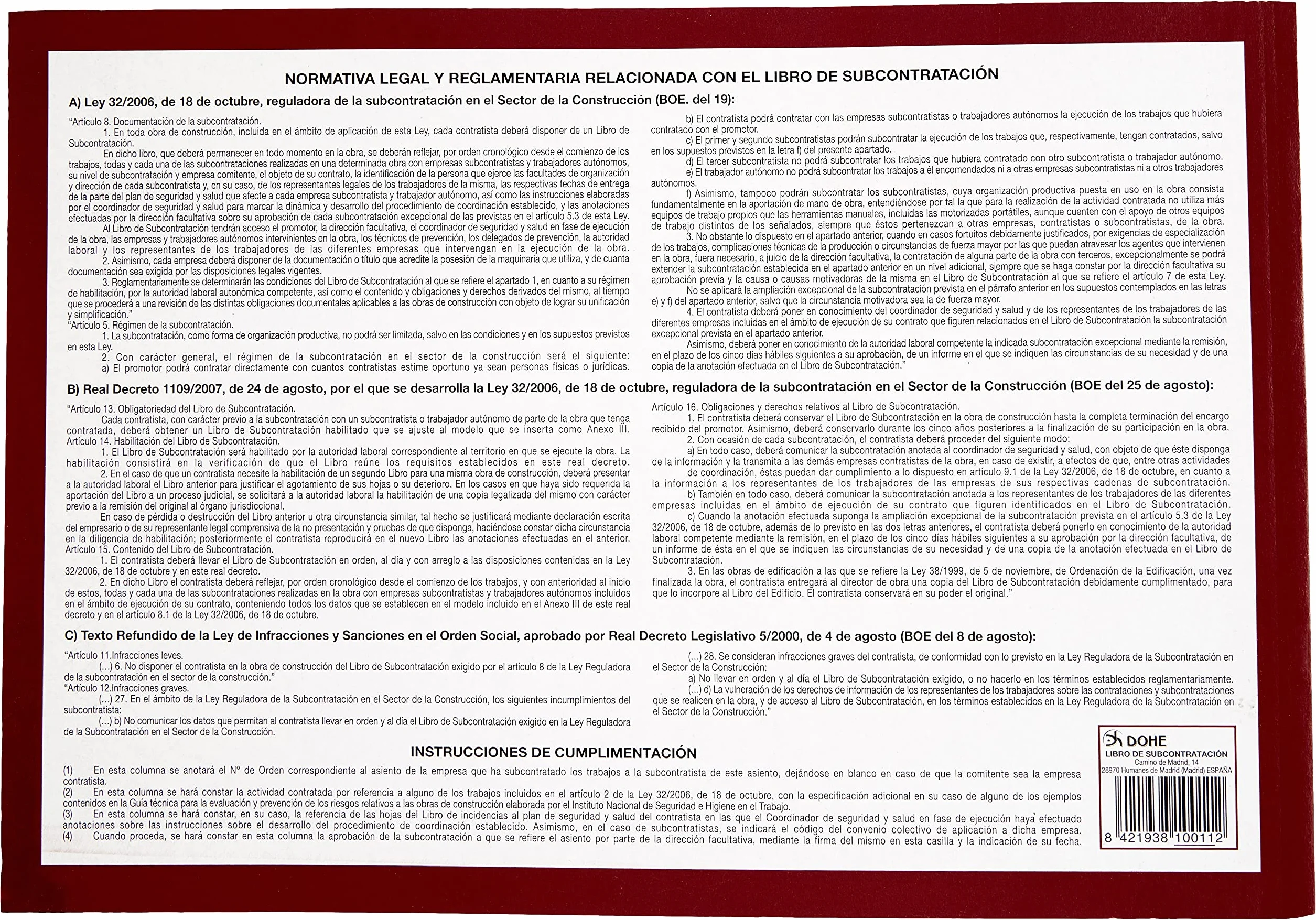 Libro de subcontratación A4 apaisado 10 hojas numeradas autocopiativas Material de oficina