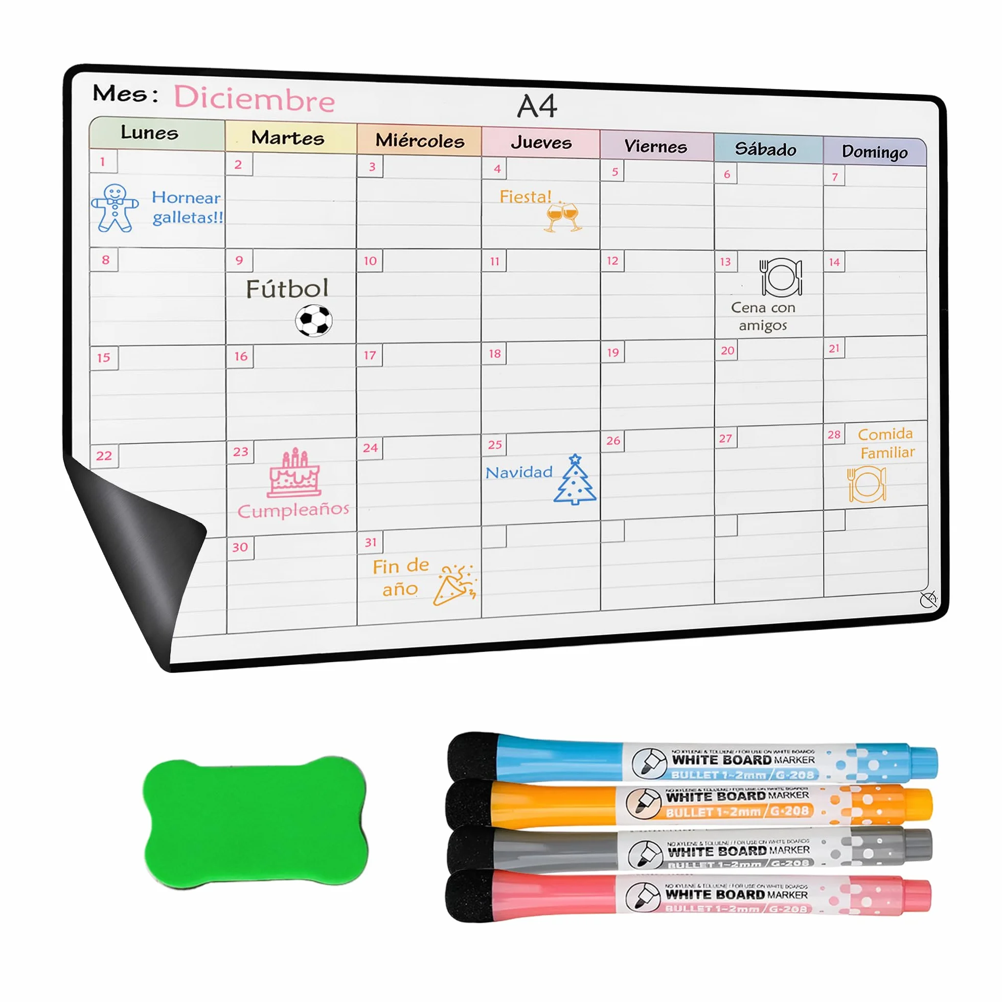 Calendario Magnético Nevera Planificador Mensual Semanal A4 A3 con Rotuladores Borrador