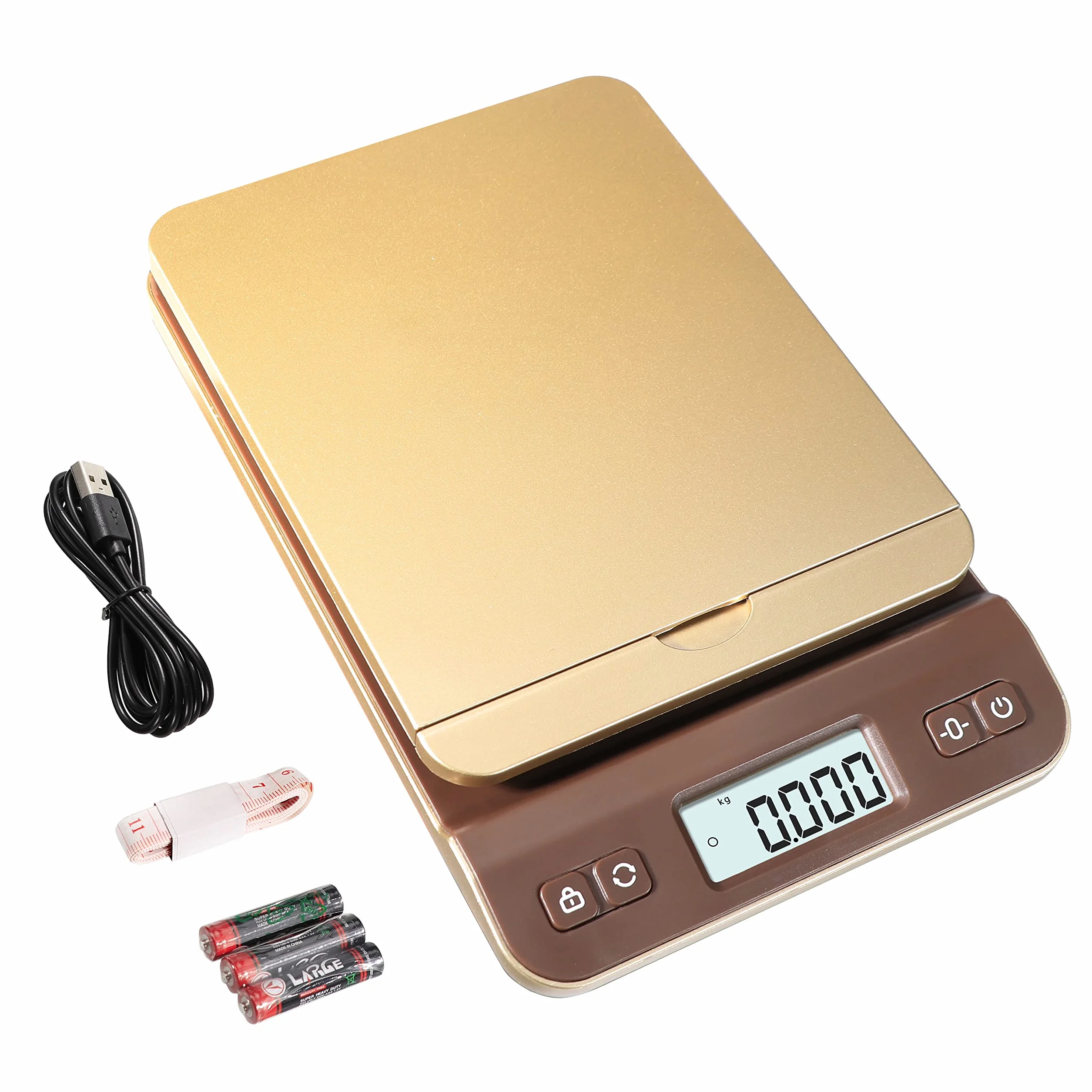 UNIWEIGH Balanza Postal Digital 39kg/86lb, Báscula de Precisión para Paquetes, Oficina, Almacén, Incluye Cable USB, Cinta Métrica, Dorado
