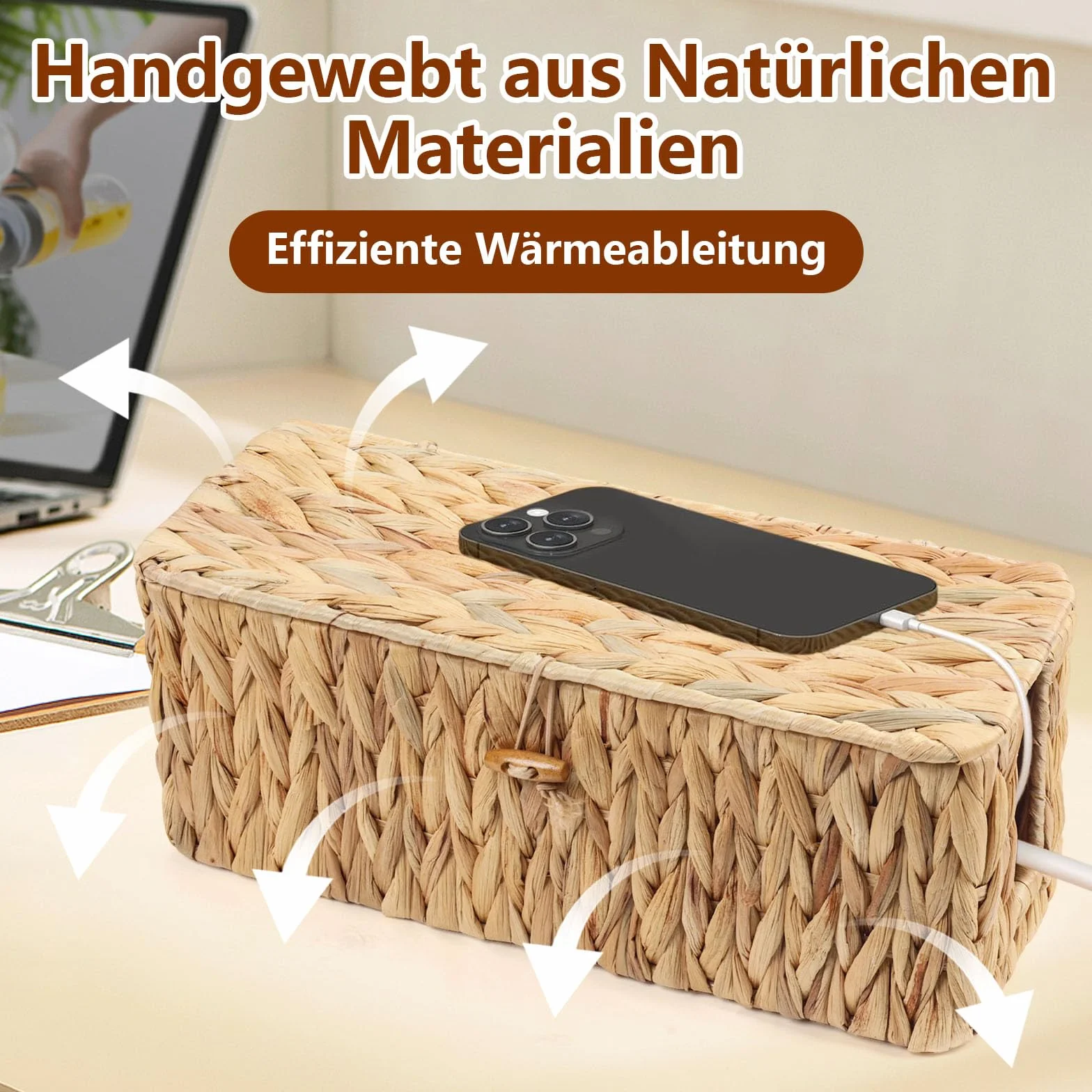 Caja de 2 cables, caja de gestión de cables de jacinto de agua trenzada natural, caja organizadora de cables debajo del escritorio con tapa de bambú, almacenamiento de cables con apertura