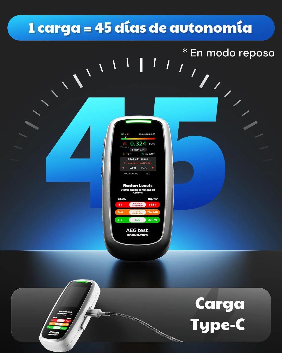 HOUND-2070 Detector de Radón para Hogar, Pantalla de Temperatura y Humedad, 504 Días de Almacenamiento de Datos, Recargable, Analizador de Radón 3-en-1 Portátil para Sótano, pCi/L o Bq/m³