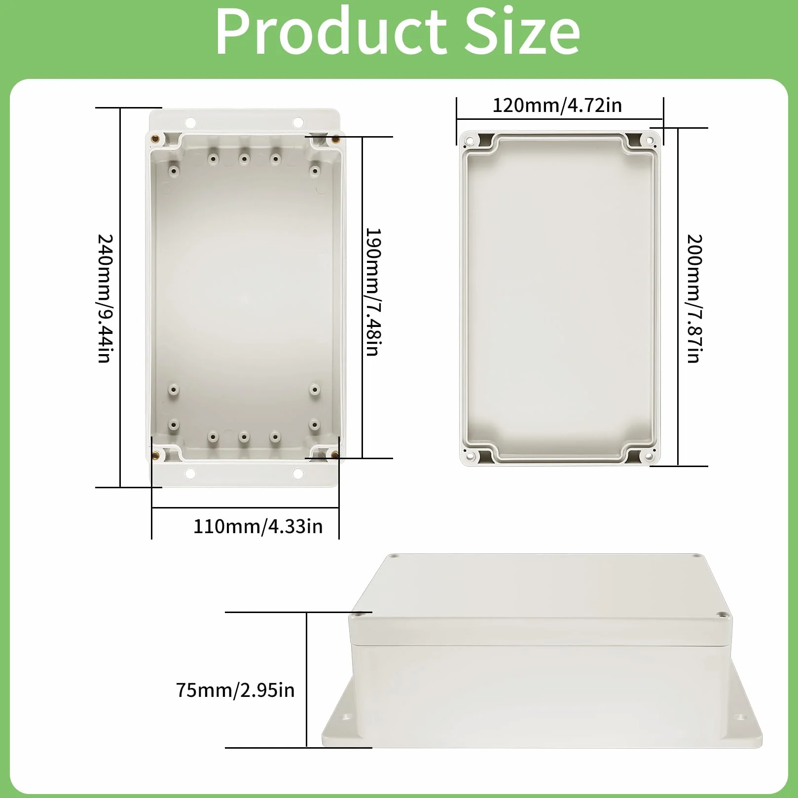Caja de conexión para electrónica, caja de derivación impermeable IP65, caja de distribución de pared, caja de proyecto electrónico, caja de conexión (Gris-blanco con orejas, 200x120x75mm)