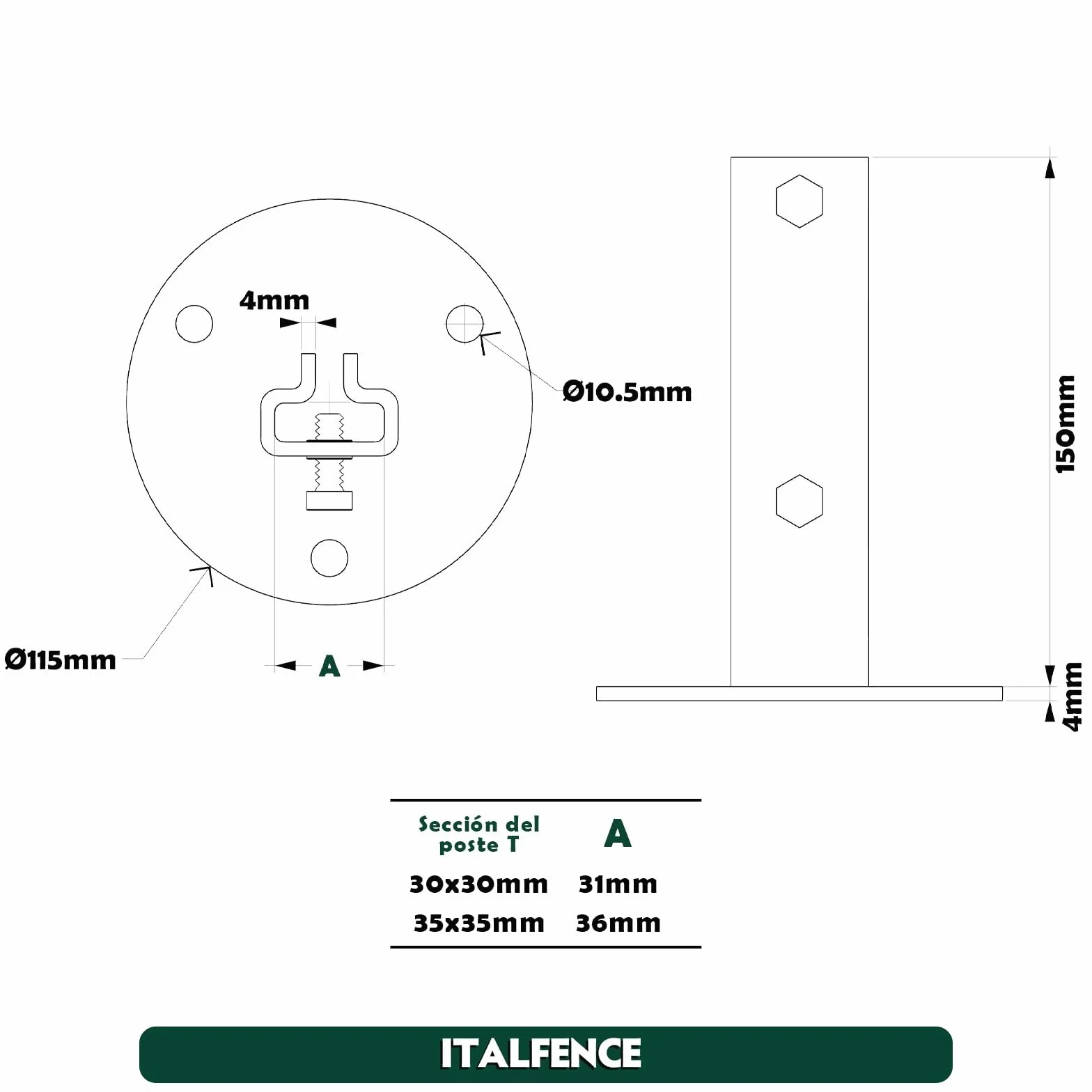 Base para poste T 30x30mm, acero plastificado [5 piezas]