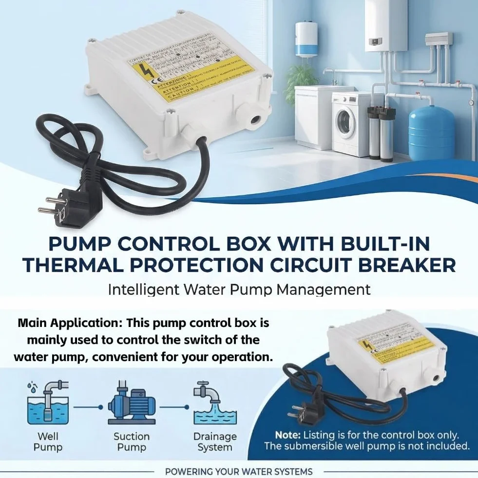Controlador de Bombas Sumergibles Caja de Control de Bomba con Controlador de Disyuntor de Protección Térmica para Bombas Sumergibles, Bombas de Succión Domésticas (1500W Enchufe