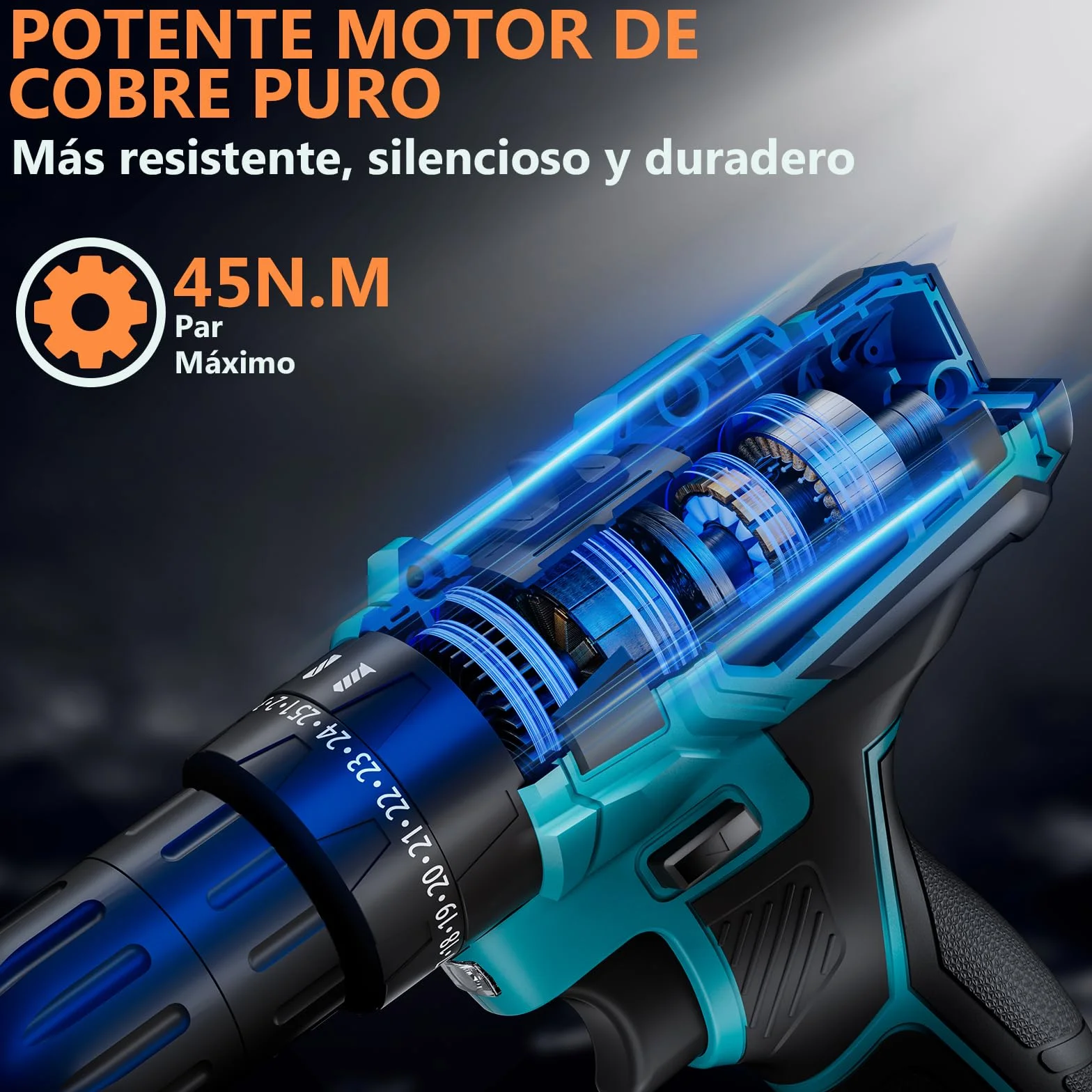 Taladro Percutor a Bateria 21V, Taladro Atornillador Bateria con 4000mAh Baterías, 45 Nm, 25+3 Ajuste Par (2 Velocidad y LED) Drill Adecuado para bricolaje en casa y jardín (Azul)