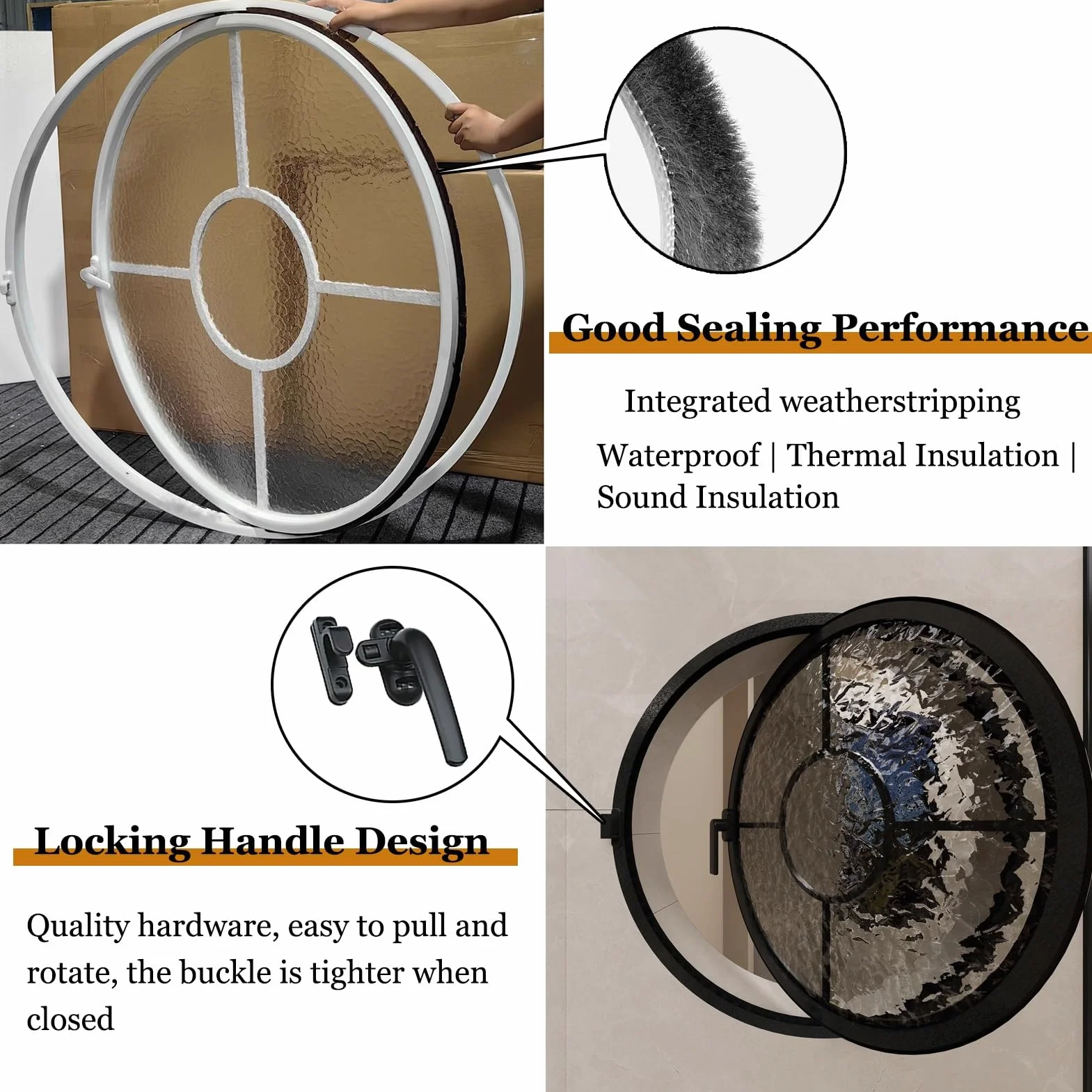 Ventana Redonda de Metal empotrada con Vidrio Templado, rotación de 360°, Eje Central y manija, ventilación e iluminación, Ventana Horizontal (Negra, 70 cm/27,6 Pulgadas)