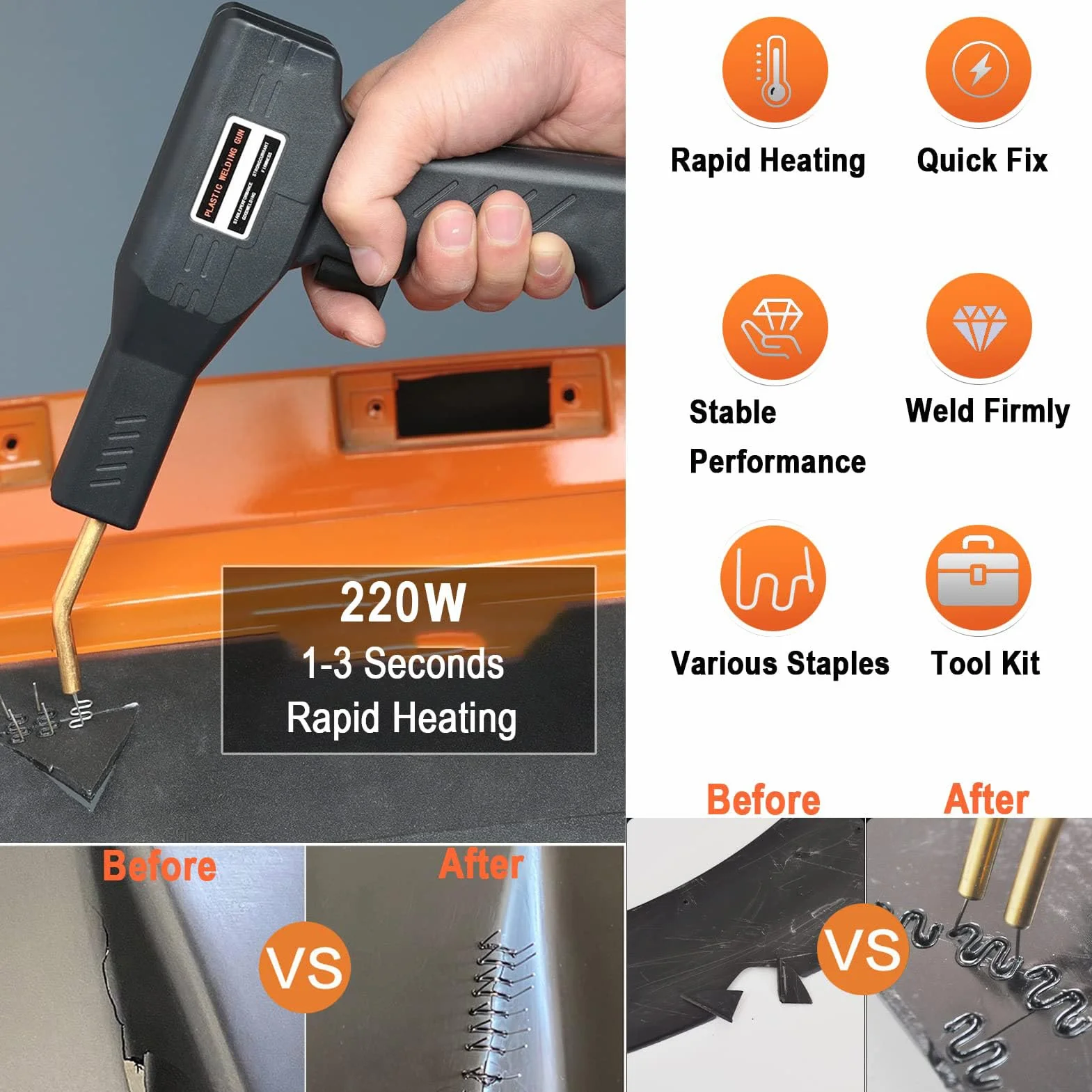 220W Soldador de Plástico, 2 en 1 Plástico Soldadura Reparando Kit con 2pcs Herramientas de Suavización, 800pcs Grapas & 64pcs Varillas Soldadura para Reparación Parachoques, Piezas de Plástico