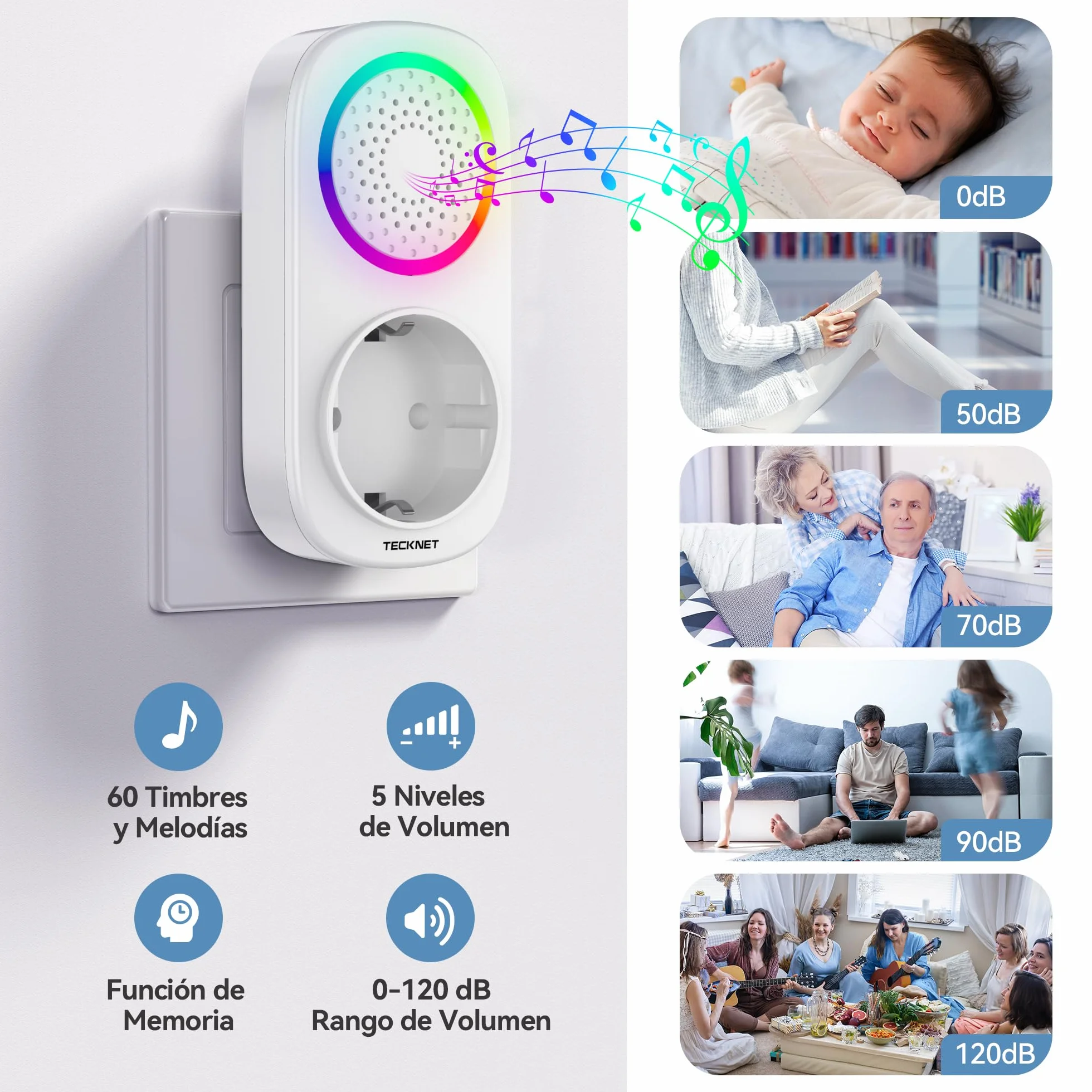 TECKNET Timbre Inalámbrico, 300M RGB Timbre Inalámbrico Autoalimentado, IP65 Timbre Electrónico Impermeable con 60 Melodías, 5 Niveles de Volumen y Flash LED para Hogar Oficina Hotel