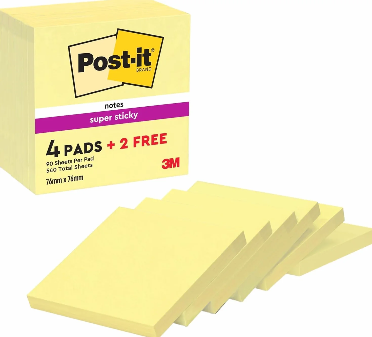Post-it Super Sticky Notas, Canary Yellow, 76 mm x 76 mm, 90 hojas, 4 blocs + 2 Gratis