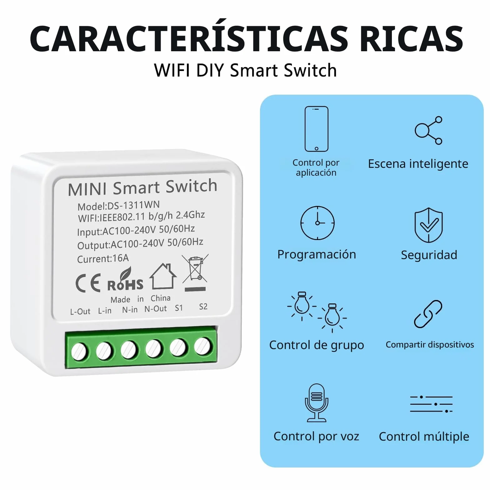 Interruptor WiFi Smart Life, 16A Relé Interruptor Inteligente Wi-Fi & Bluetooth, 2.4g Smart Light Switch Compatible con Asistente de Voz y Tuya, Smart Switch Alexa, Requiere Cable Neutro
