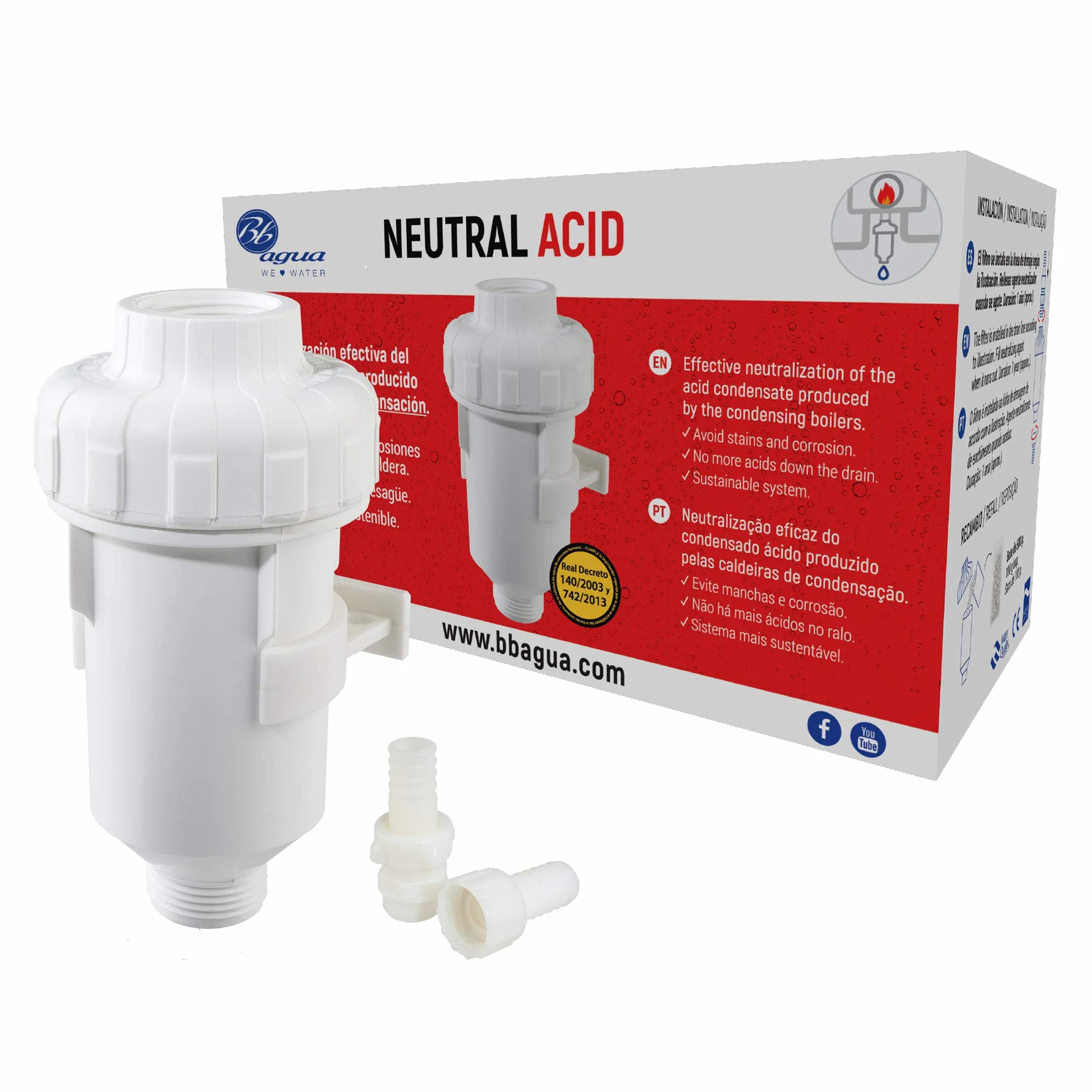 Filtro Neutral Acid. Neutraliza el condensado de ácido producido por la caldera alargando la vida y reduciendo el mantenimiento. Fácil limpieza y mantenimiento. Bbagua.