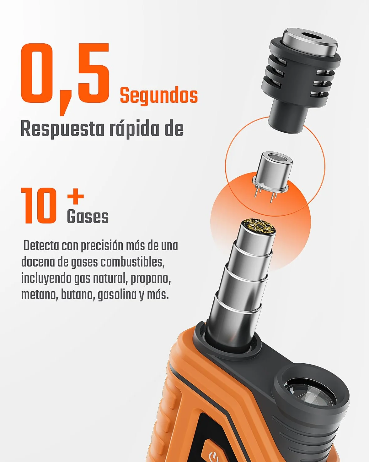 TopTes PT760 Detector de Gas Natural Recargable, Detector de Fugas con Sonda Extensible de 30cm, Sensor%LEL para Propano, Metano, Butano y Gases Combustibles en el Hogar o RV con Linterna - Naranja
