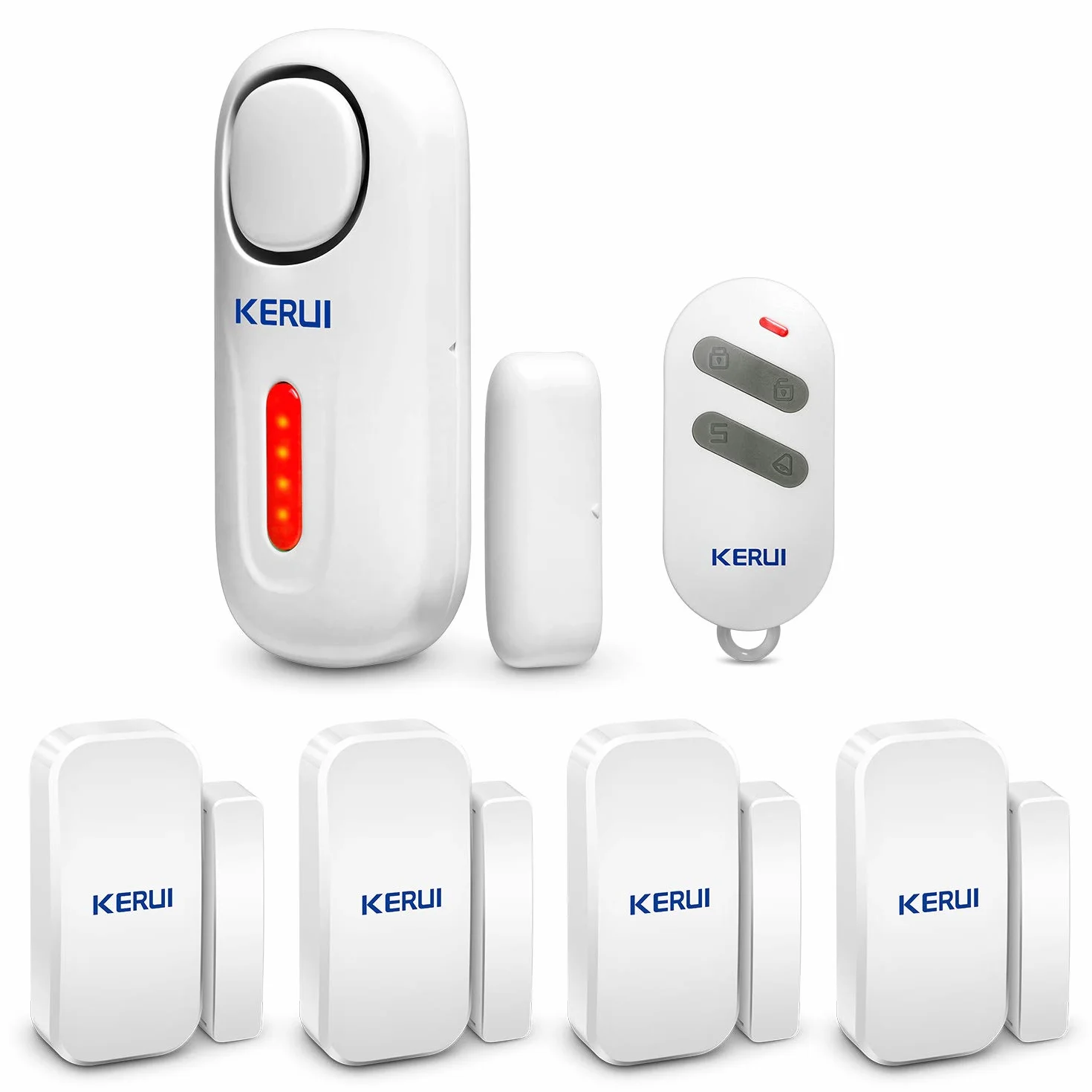 KERUI D2 Sensor de Alarma para Puertas y Ventanas con Sistema de Alarma inalámbrico para el hogar, 4 Zonas para el casa, Garaje, Oficina - 1 Alarma de Puerta - 1 Control Remoto - 4 sensores de Puerta