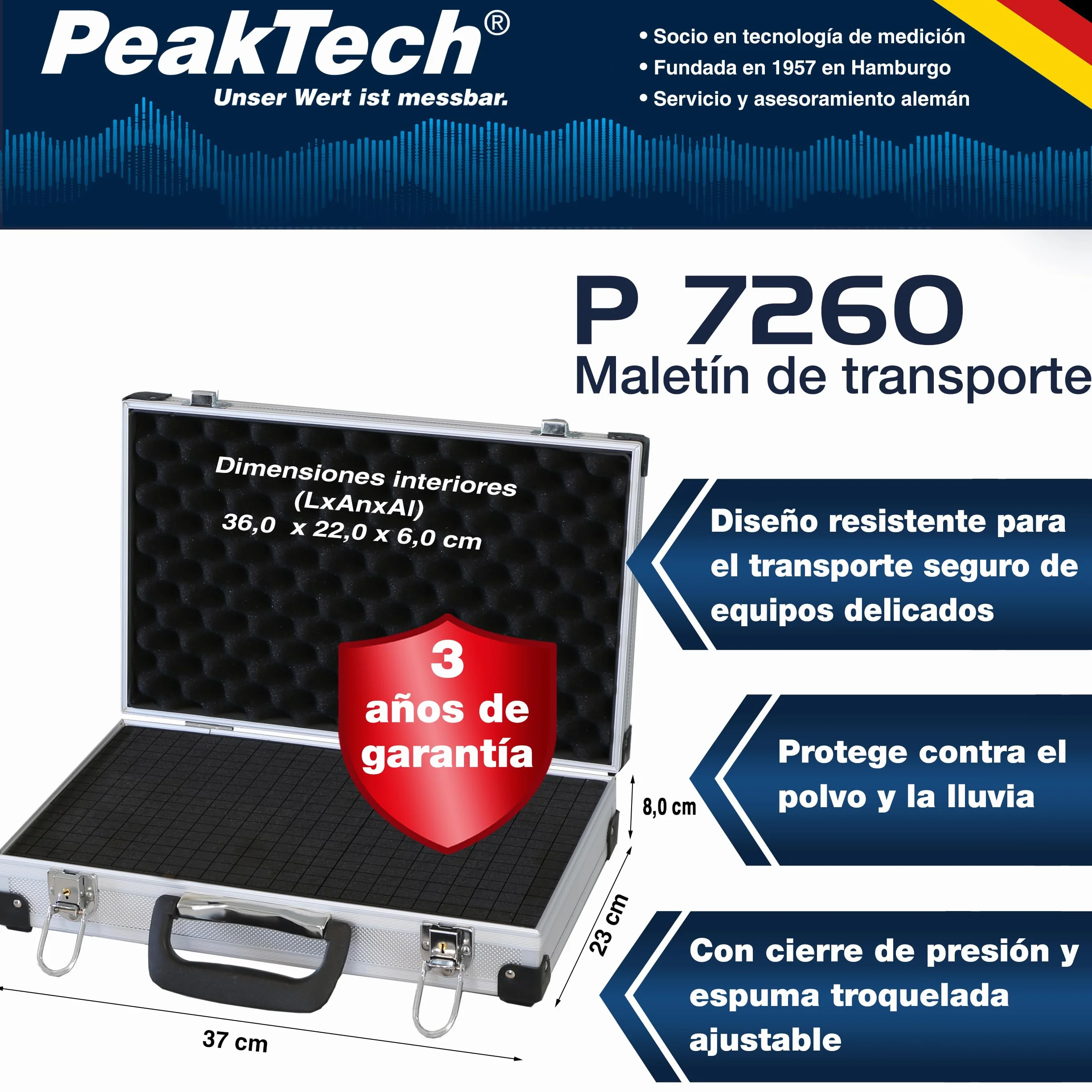 PeakTech 7260 Estuche de transporte de aluminio resistente para instrumentos de medición, acolchado de espuma, L - 370x80x230 mm