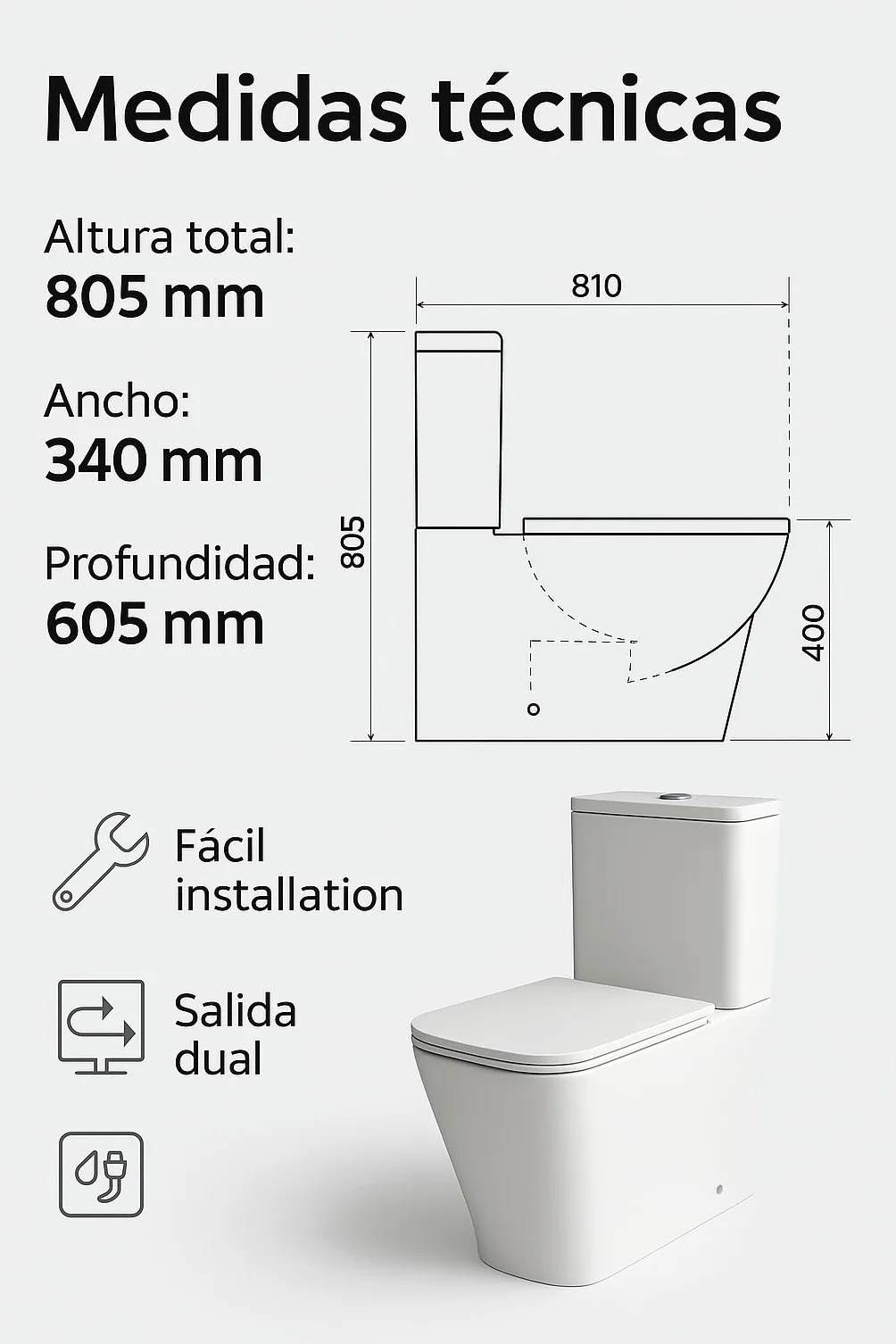 Novo bath - Inodoro Compacto Rimless Serie Mónaco – Estilo Tipo The Gap, Doble Descarga 3/6L, Salida Dual, Asiento UF Soft Close, Cisterna Incluida, Esmalte Antibacterias, Pegado a Pared