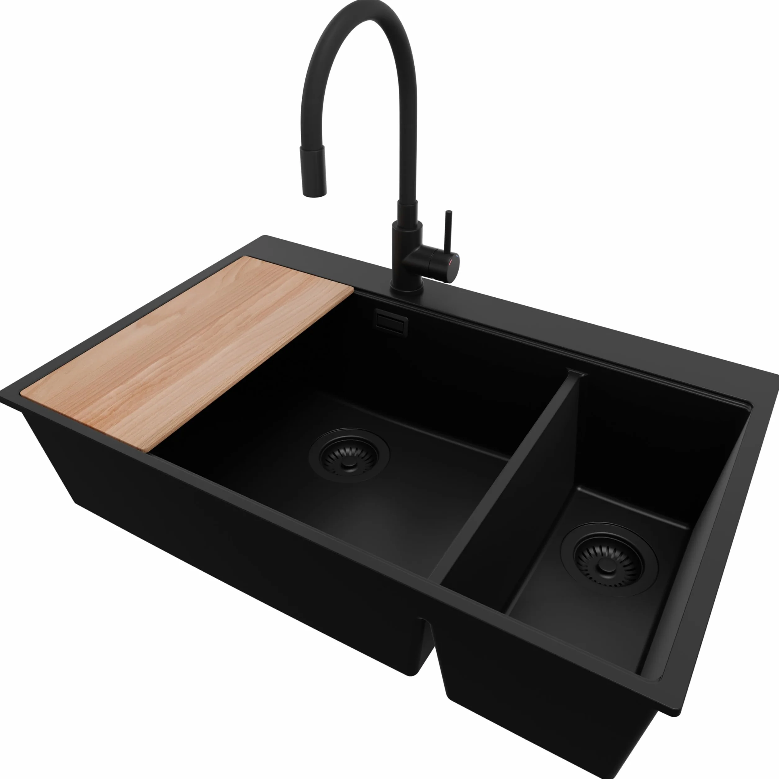 PRIMAGRAN Fregadero Granito Todo Negro 78x50cm, Cocina 2 Senos + Grifo 40x38cm + Sifón + Tabla de Cortar, Sobre Encimera al Mueble 80cm - Oslo Duo Top S100