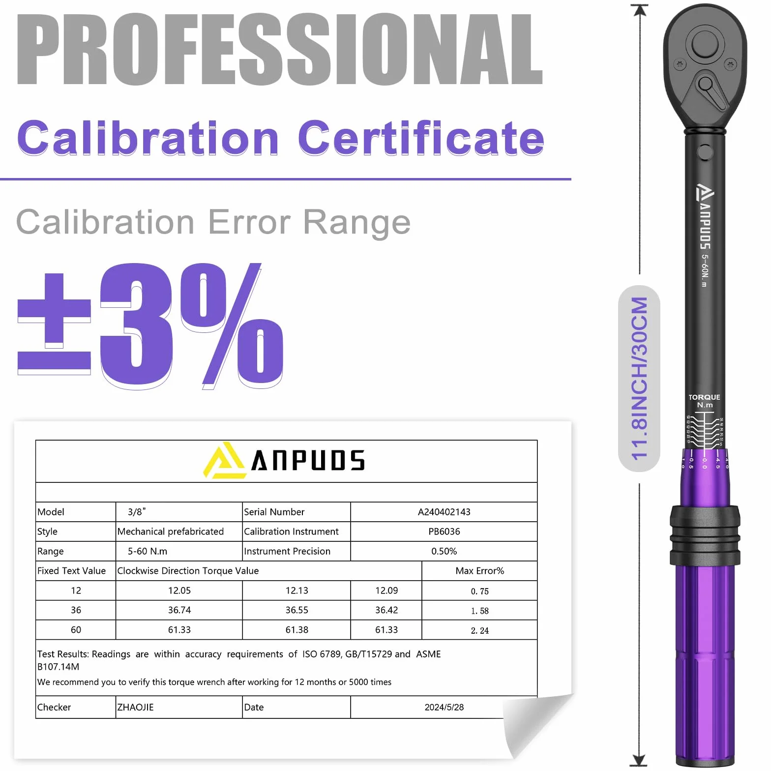 ANPUDS 3/8" Llave Dinamométrica 5-60 Nm, Precisión ± 3%, Llave Dinamométrica Motocicleta con Cabeza de Carraca Reversible de 72 Dientes para Bicicletas, Motocicletas y Coches Sustitución de Bujías