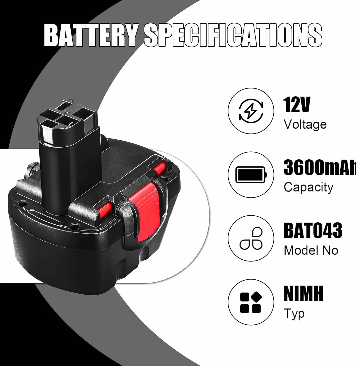 Catastro 2 Piezas 3.6Ah Batería BAT043 NI-MH Repuesto para Bosch Batería 12V para Bosch BAT120 BAT139 2607335542 2607335526 2607335274 2607335709 GSR 12-2 12VE-2 PSR 12 GSB 12VE-2 22612 23612